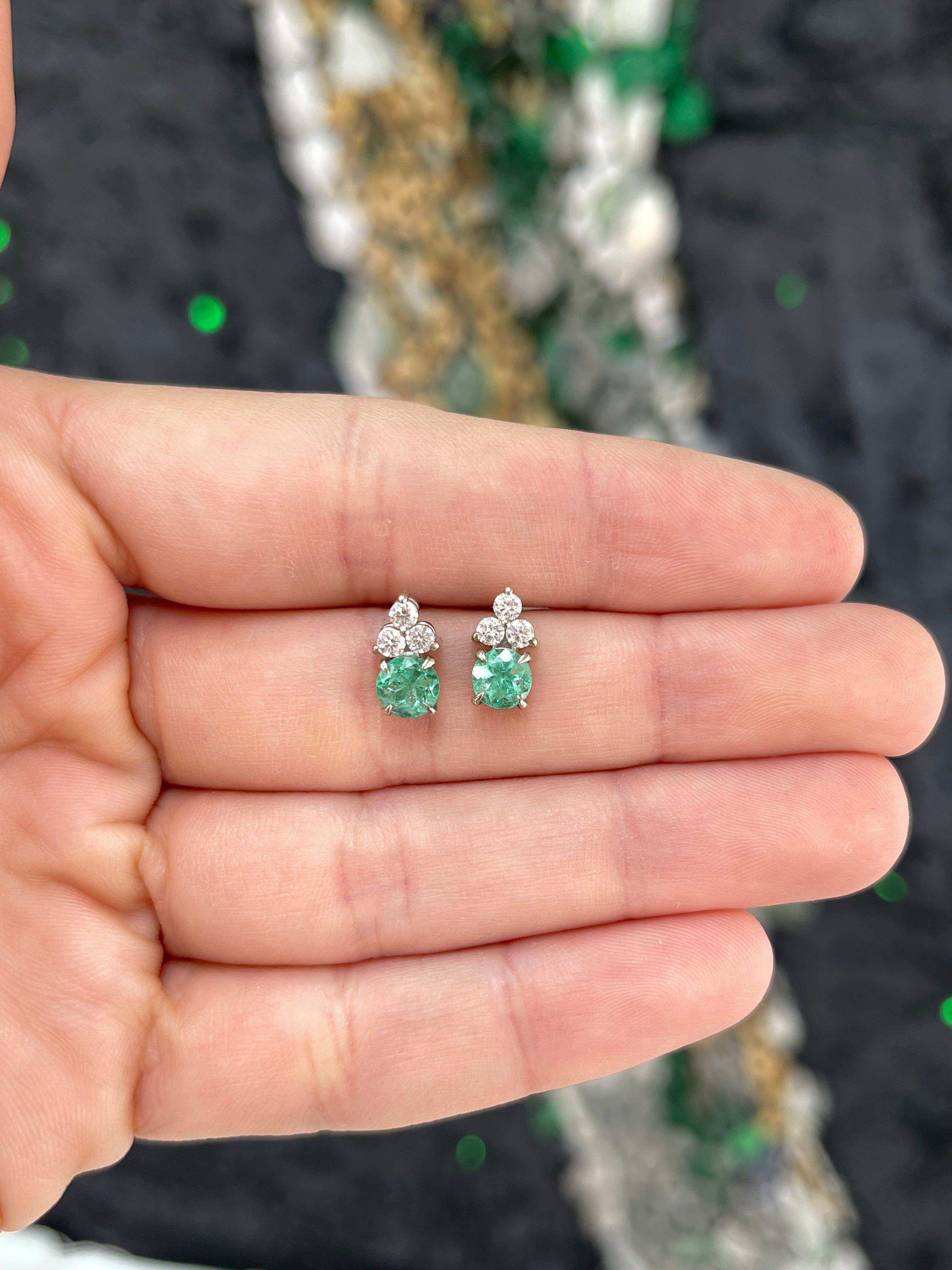 Colombian Emerald & Diamond Trio Stud Earrings in 14K White Gold Natural Green Gemstone Jewelry