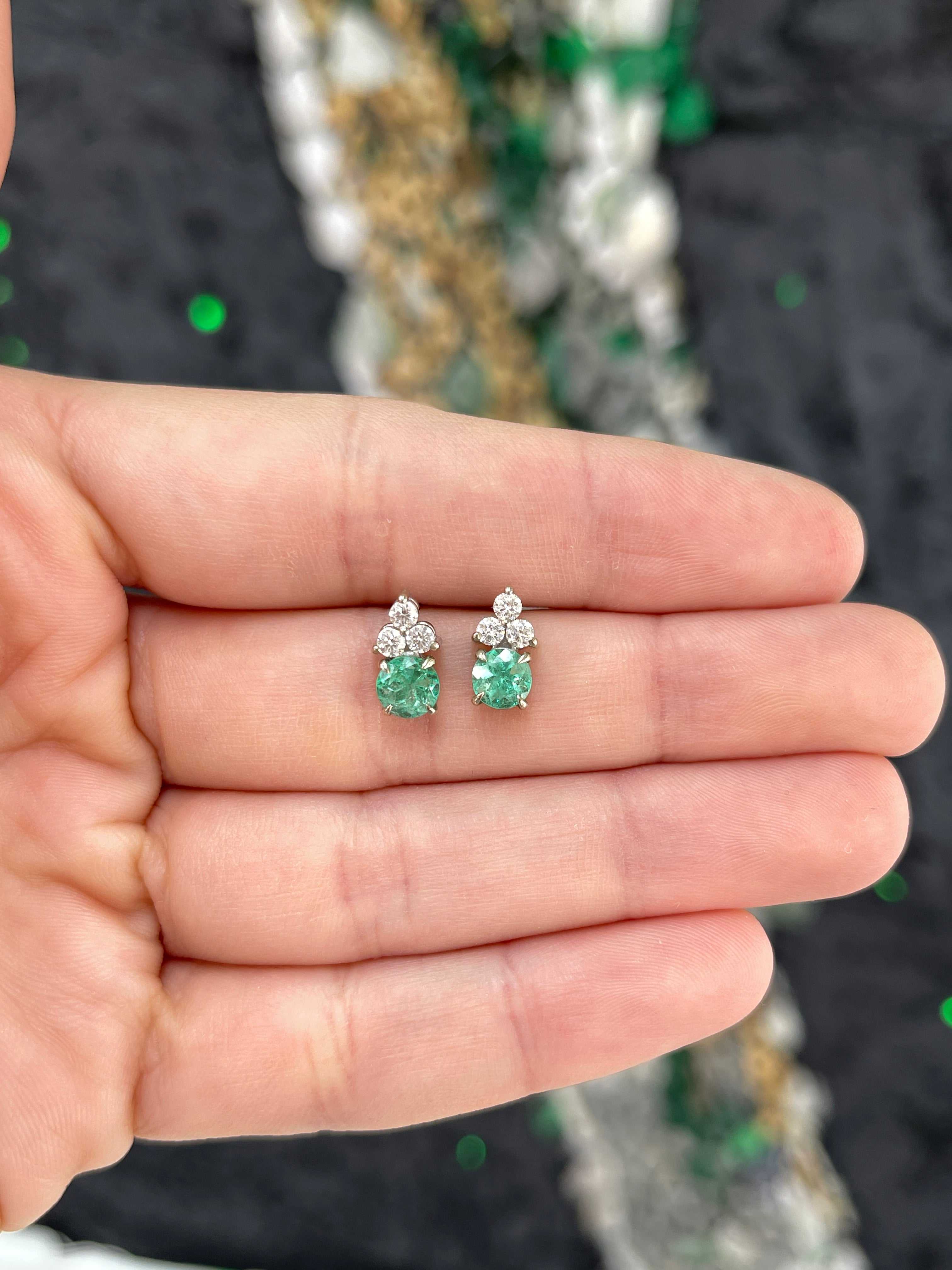 Colombian Emerald & Diamond Trio Stud Earrings in 14K White Gold Natural Green Gemstone Jewelry - JR Colombian Emeralds