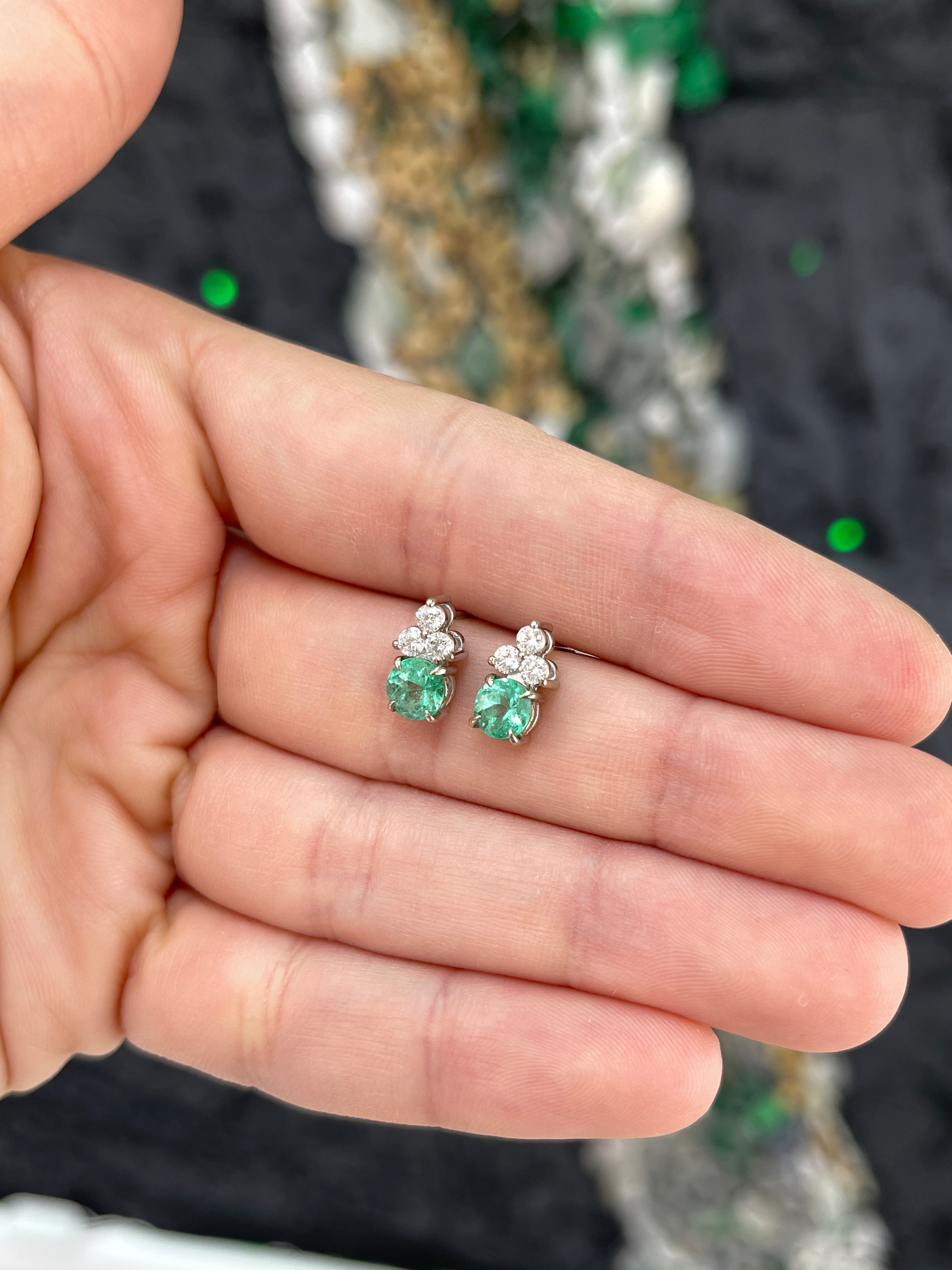 Colombian Emerald & Diamond Trio Stud Earrings in 14K White Gold Natural Green Gemstone Jewelry
