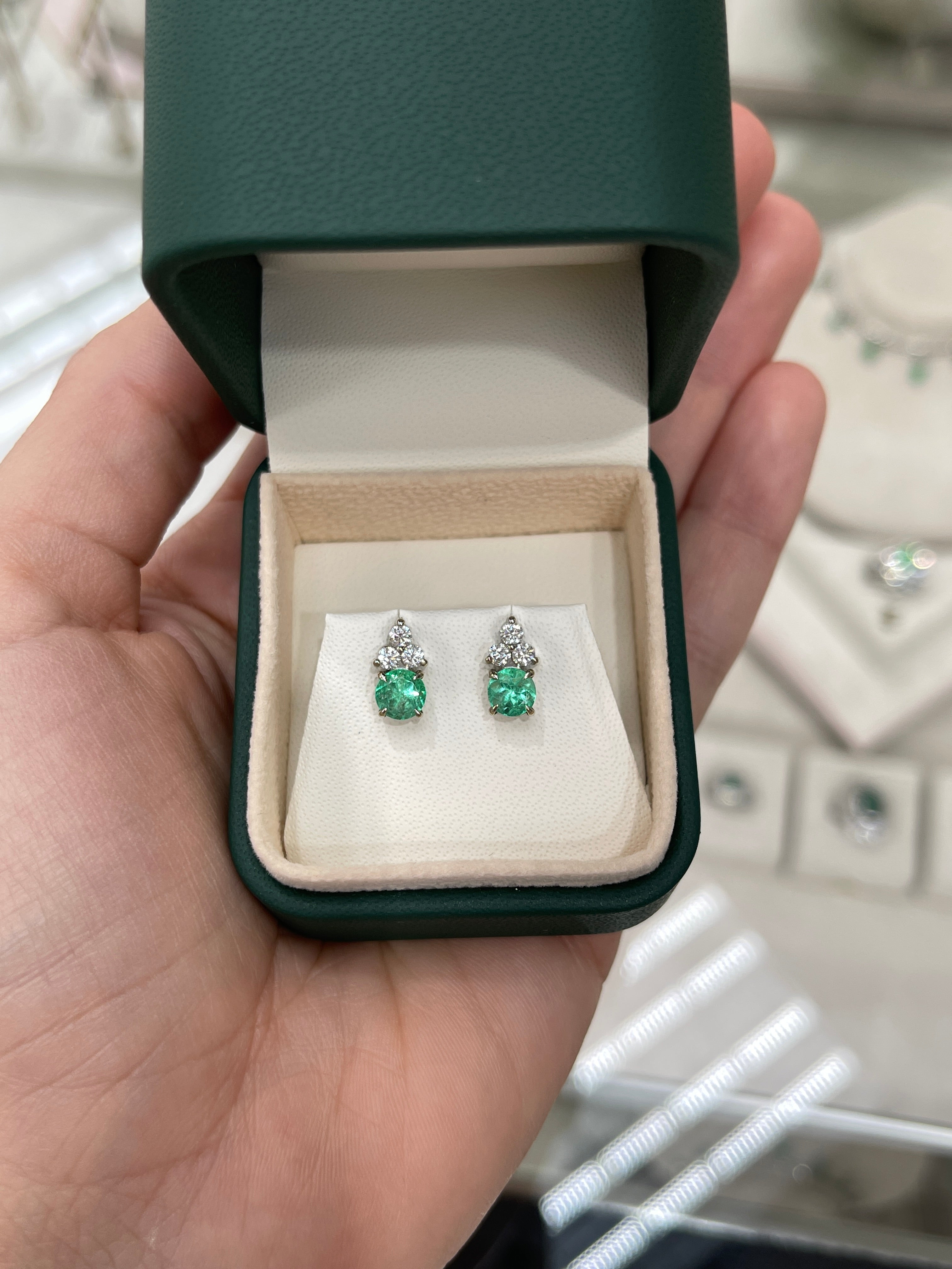 Colombian Emerald & Diamond Trio Stud Earrings in 14K White Gold Natural Green Gemstone Jewelry