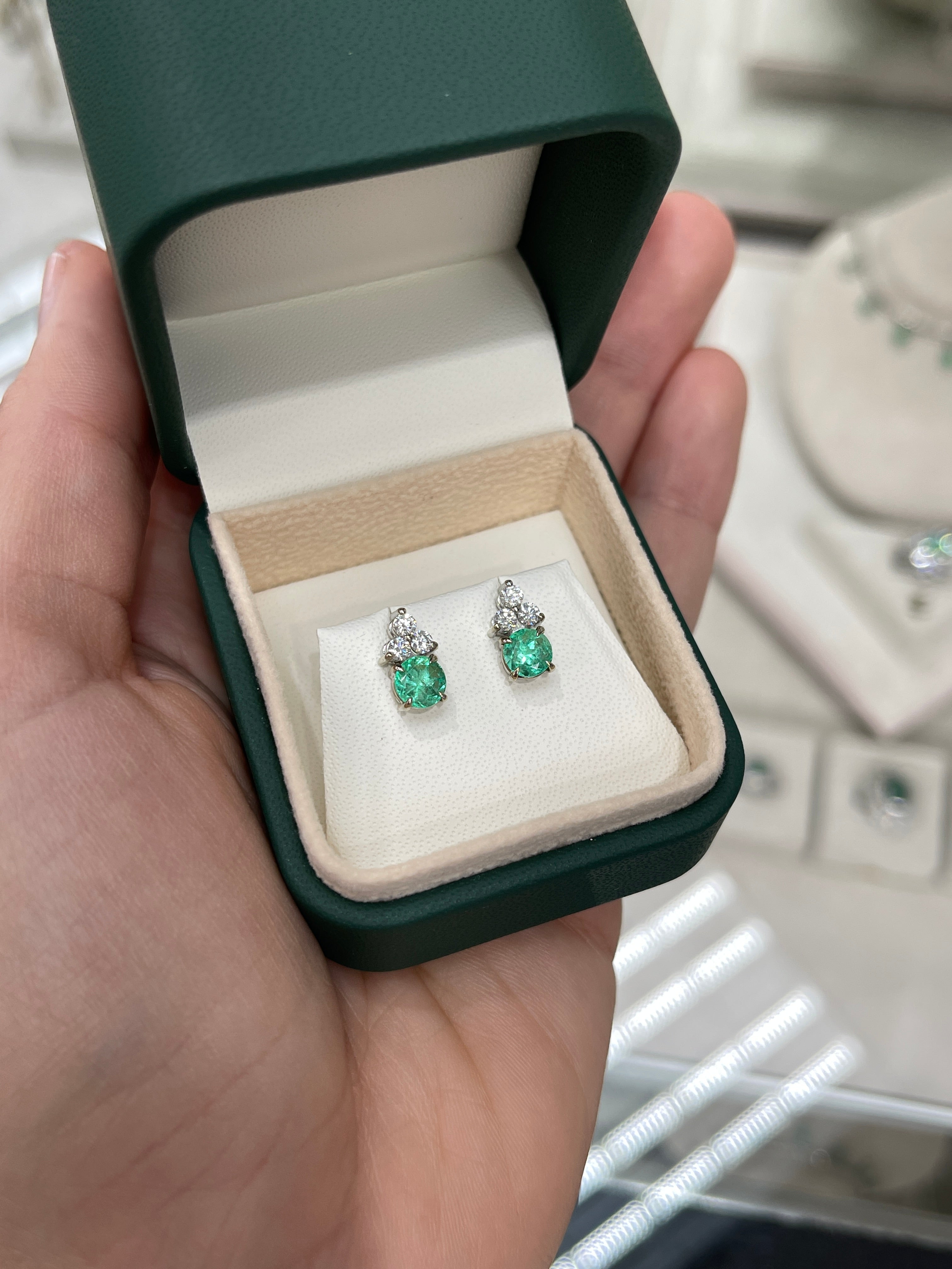Colombian Emerald & Diamond Trio Stud Earrings in 14K White Gold Natural Green Gemstone Jewelry
