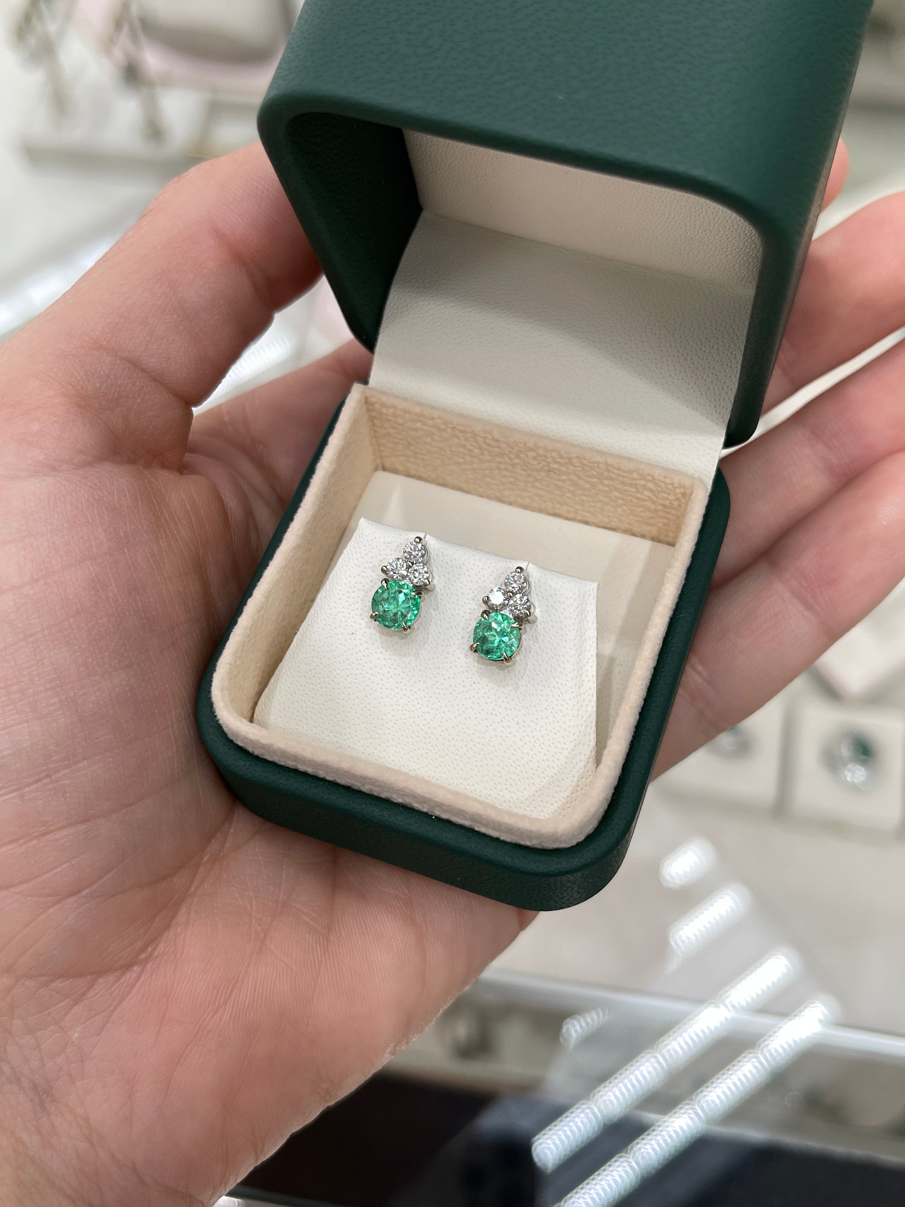 Colombian Emerald & Diamond Trio Stud Earrings in 14K White Gold Natural Green Gemstone Jewelry