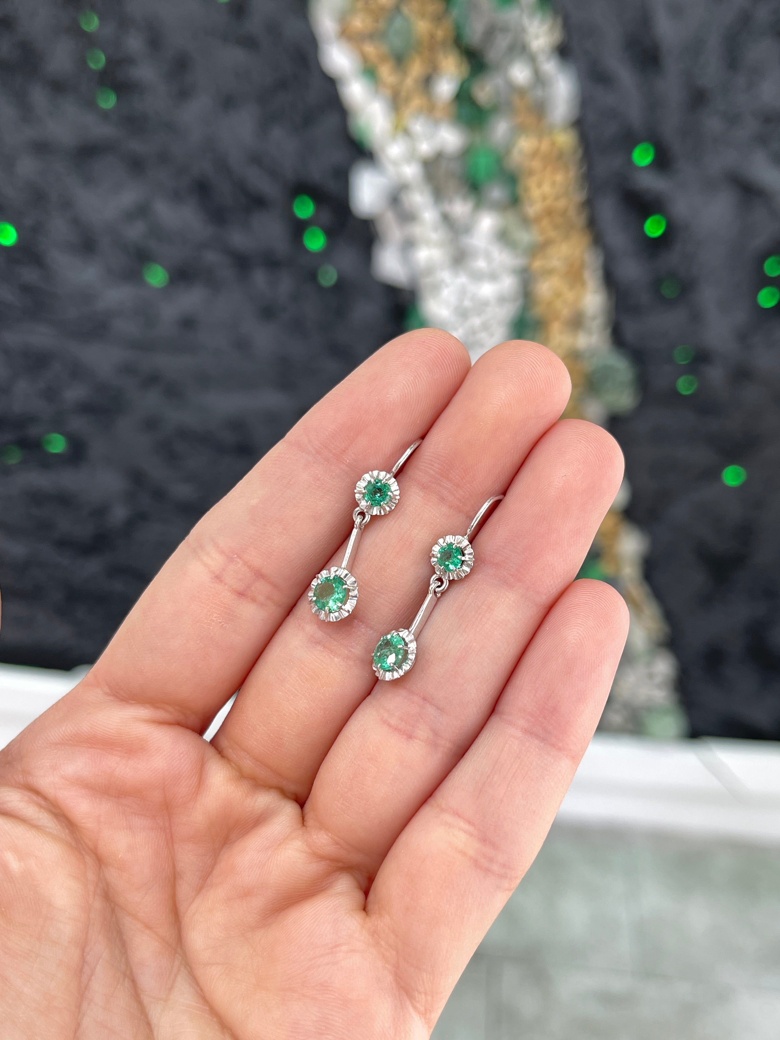 Round Natural Emerald Dangle Earrings in White Gold Buttercup Setting 31mm Leverback Drops - JR Colombian Emeralds
