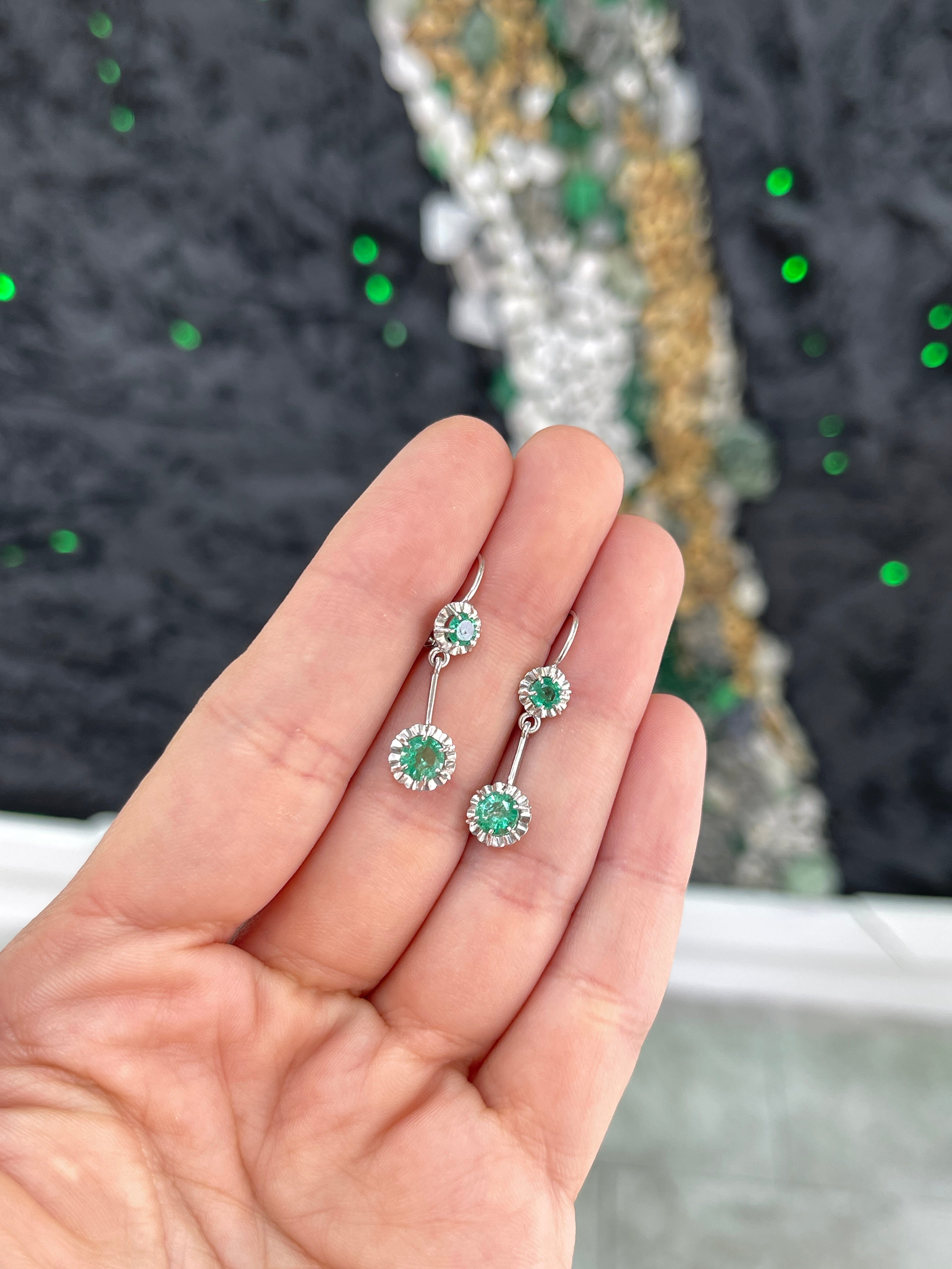 Round Natural Emerald Dangle Earrings in White Gold Buttercup Setting 31mm Leverback Drops - JR Colombian Emeralds