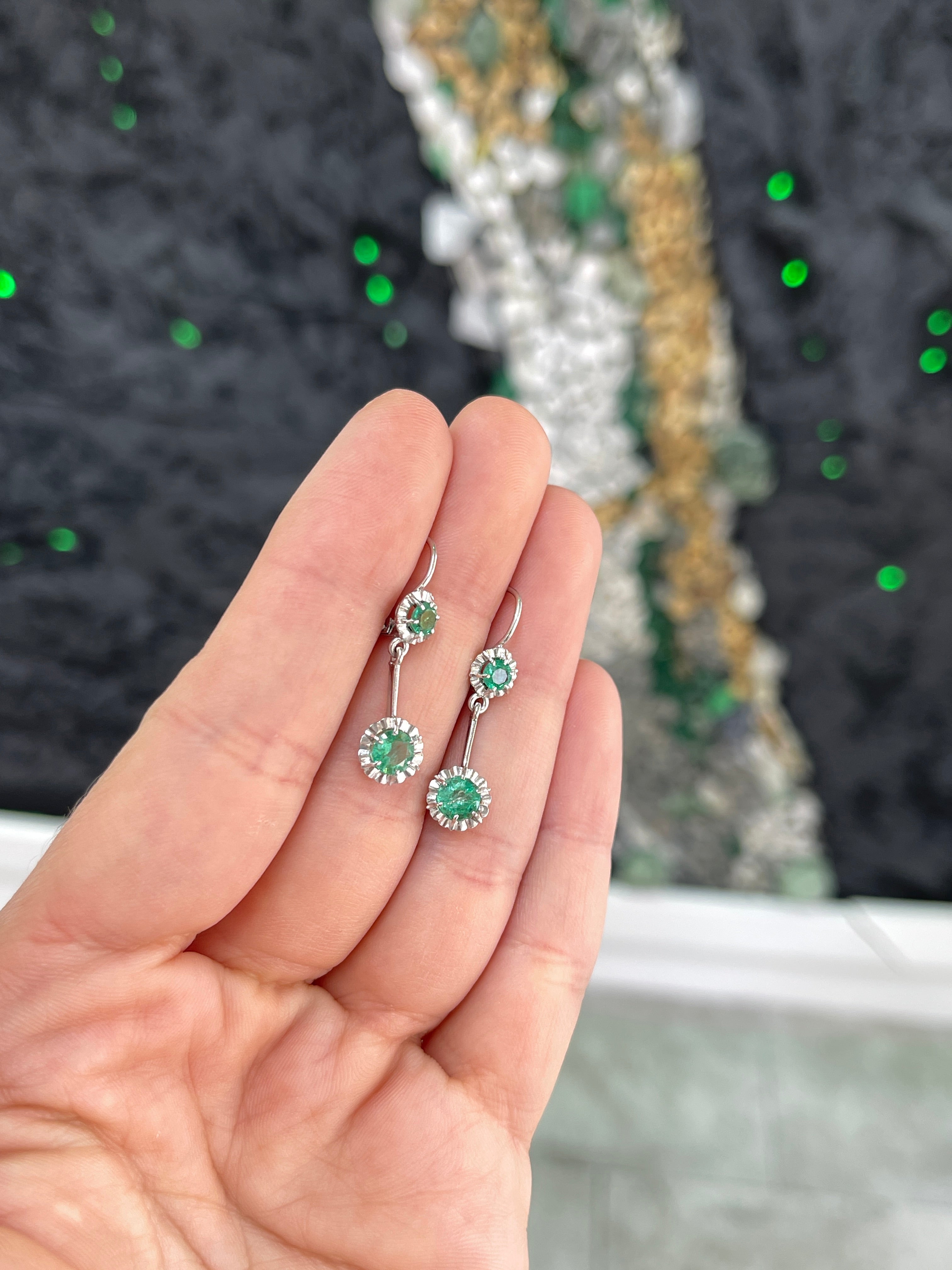 Round Natural Emerald Dangle Earrings in White Gold Buttercup Setting 31mm Leverback Drops - JR Colombian Emeralds