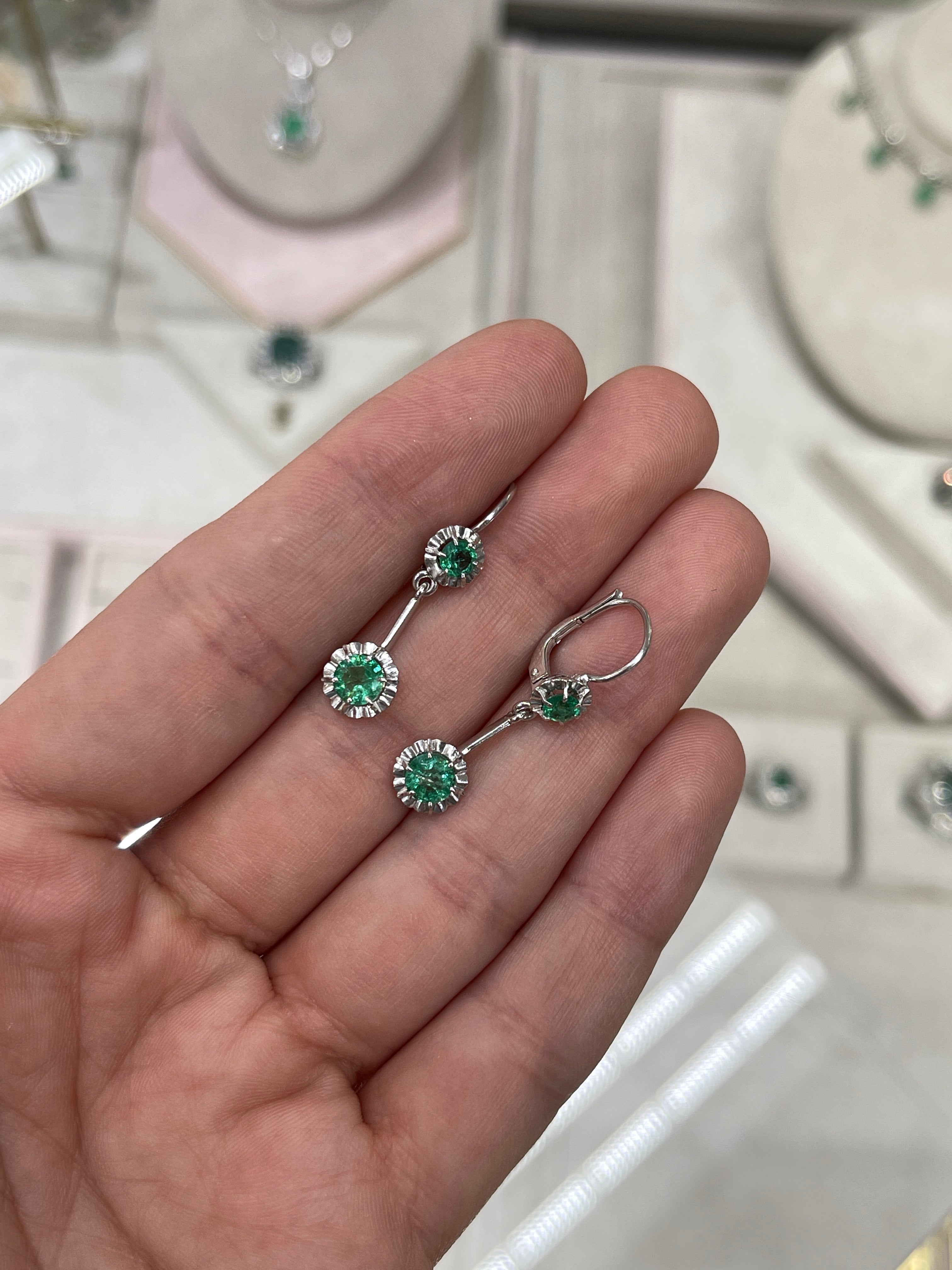 Round Natural Emerald Dangle Earrings in White Gold Buttercup Setting 31mm Leverback Drops - JR Colombian Emeralds