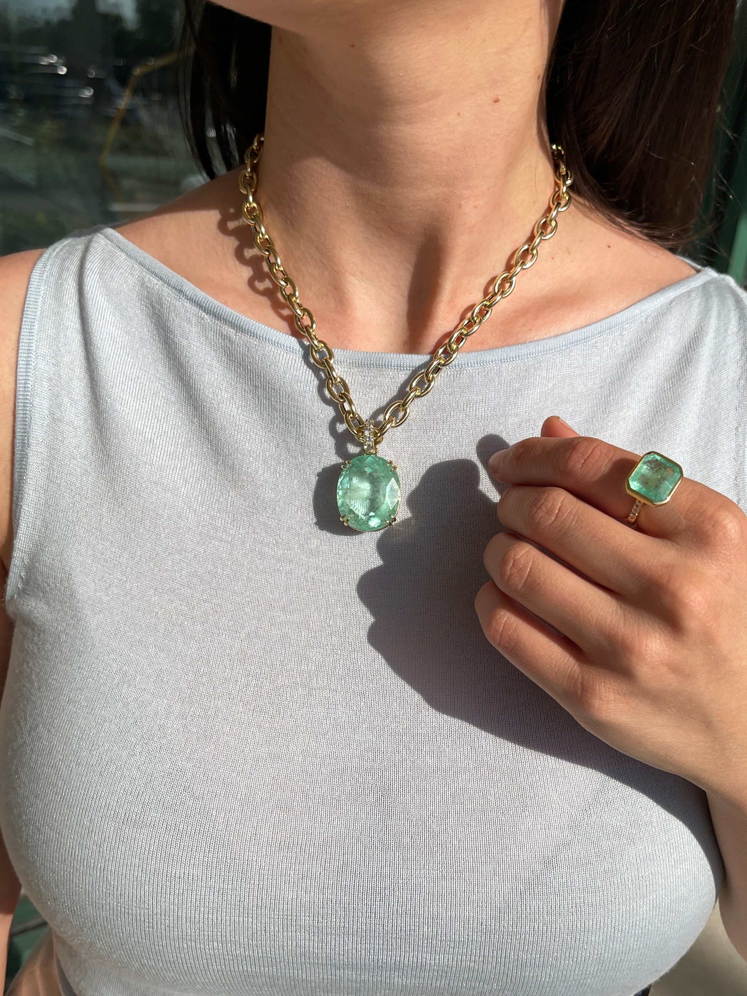 63.14 Carat Light Green Real, Natural Oval Colombian Emerald & Diamond 18K Pendant - JR Colombian Emeralds