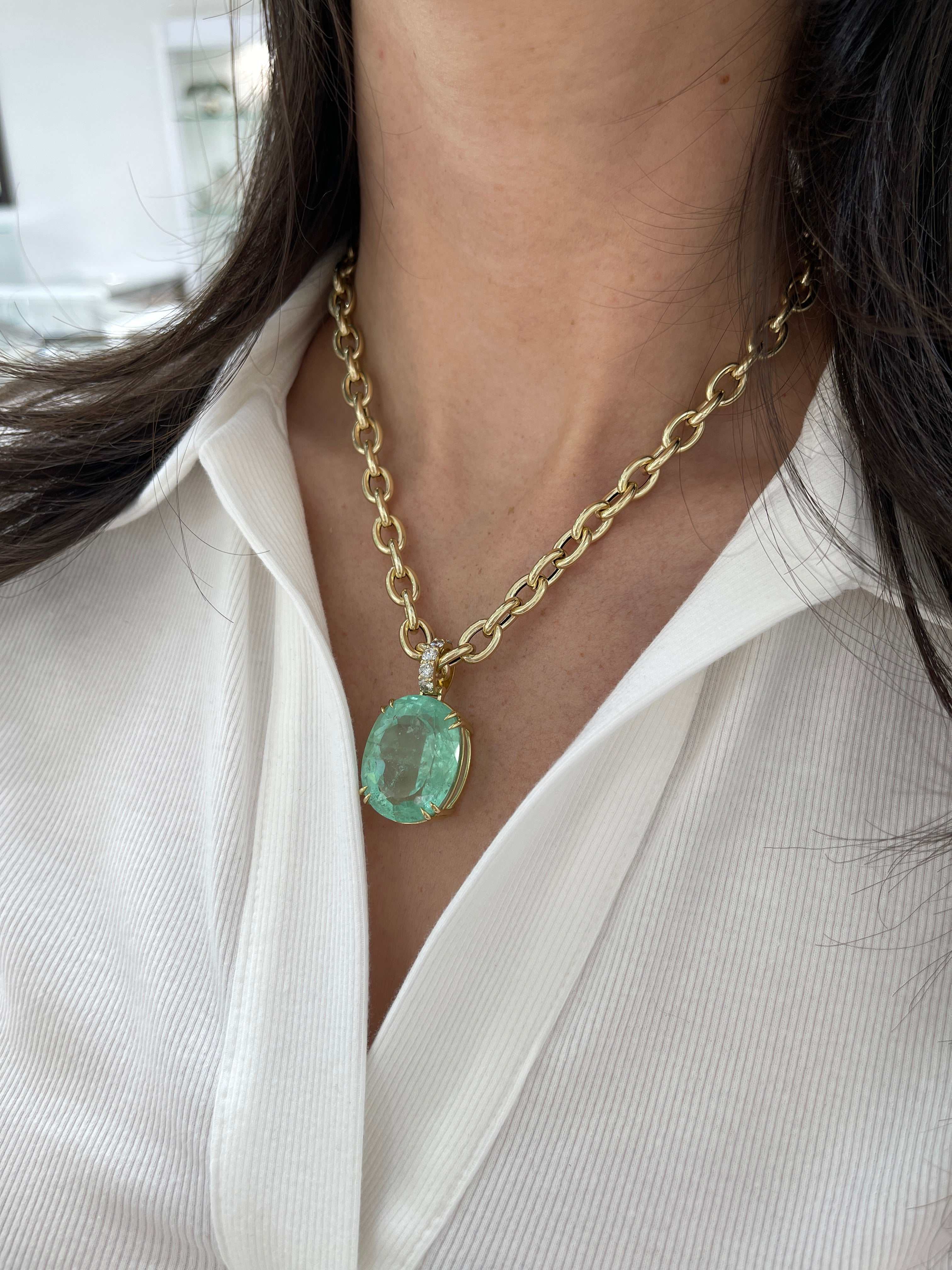 63.14 Carat Light Green Real, Natural Oval Colombian Emerald & Diamond 18K Pendant - JR Colombian Emeralds