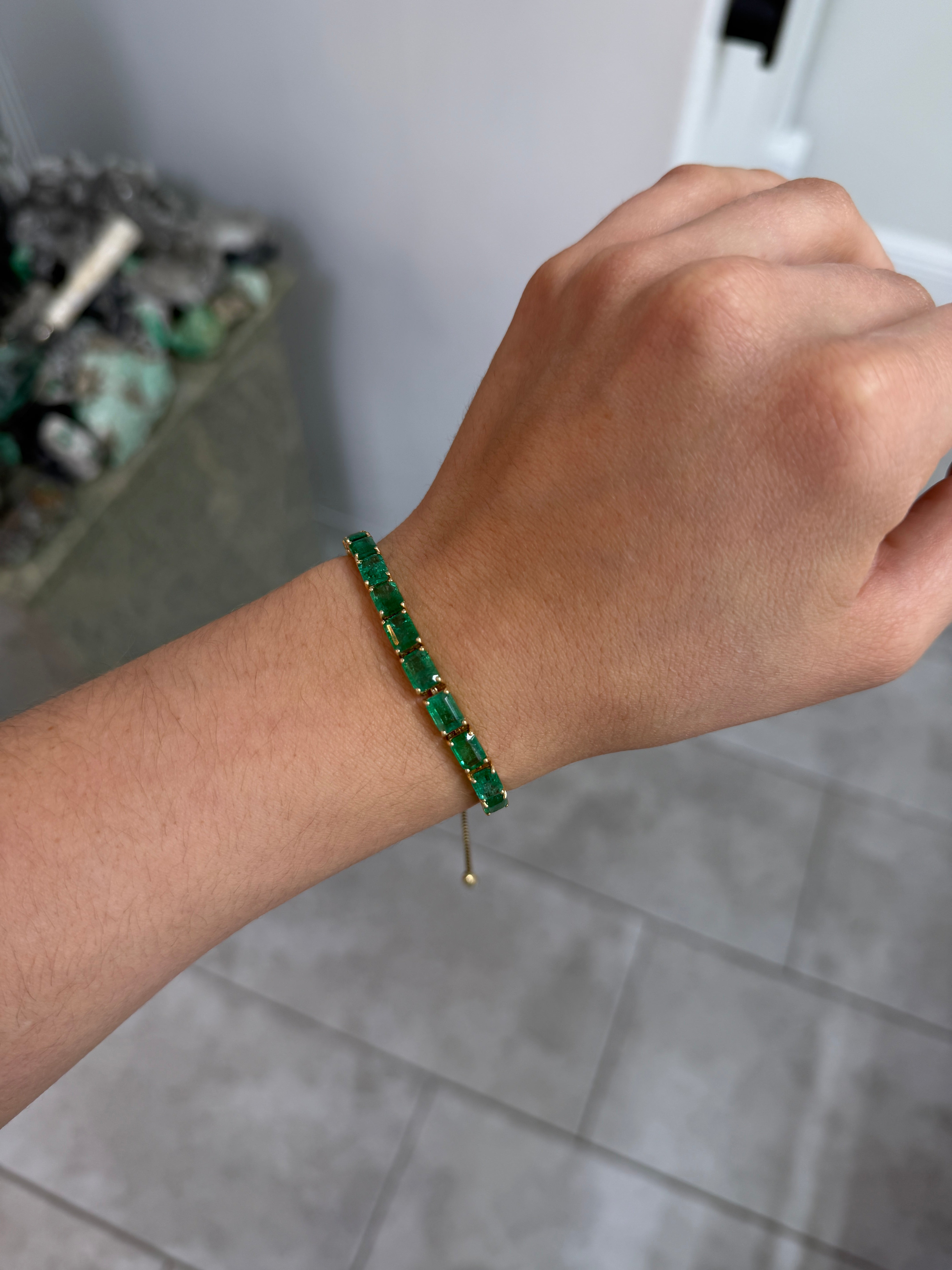 14.75tcw 14K Natural Emerald Half Tennis Adjustable Bracelet 7"