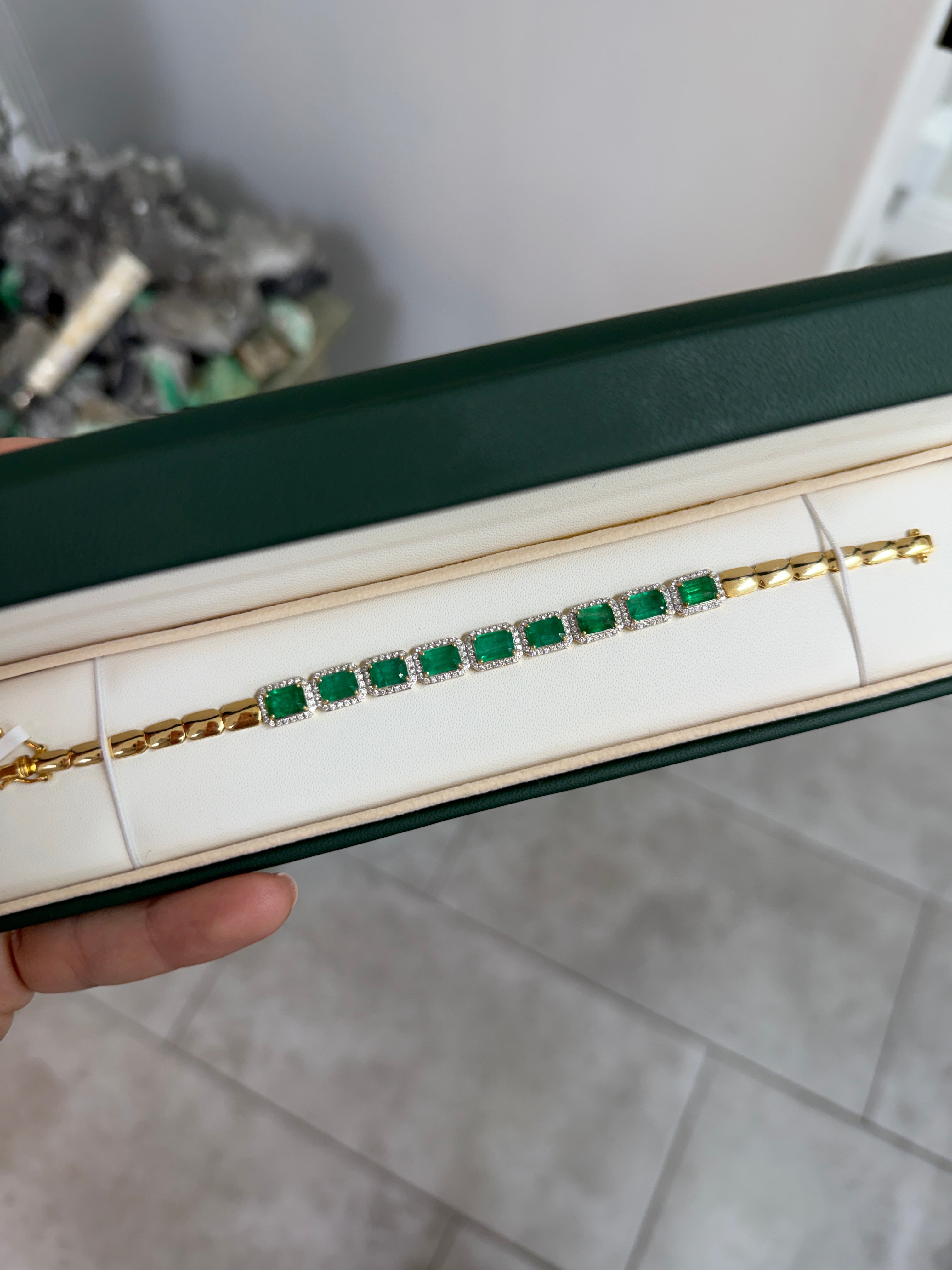 10.08tcw 14K Natural Emerald & Diamond Halo Custom Gold Bracelet 6.5"