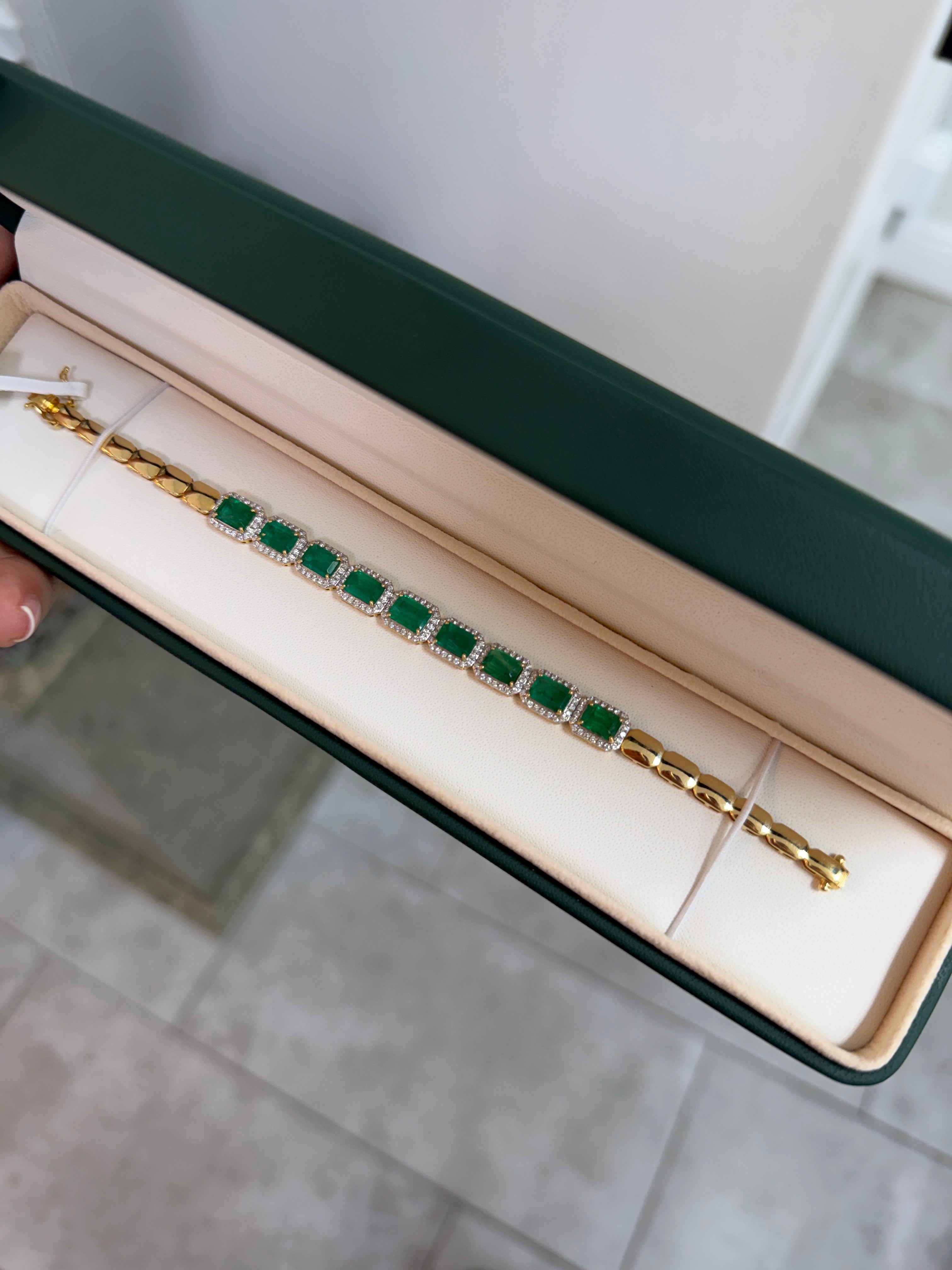 10.08tcw 14K Natural Emerald & Diamond Halo Custom Gold Bracelet 6.5"