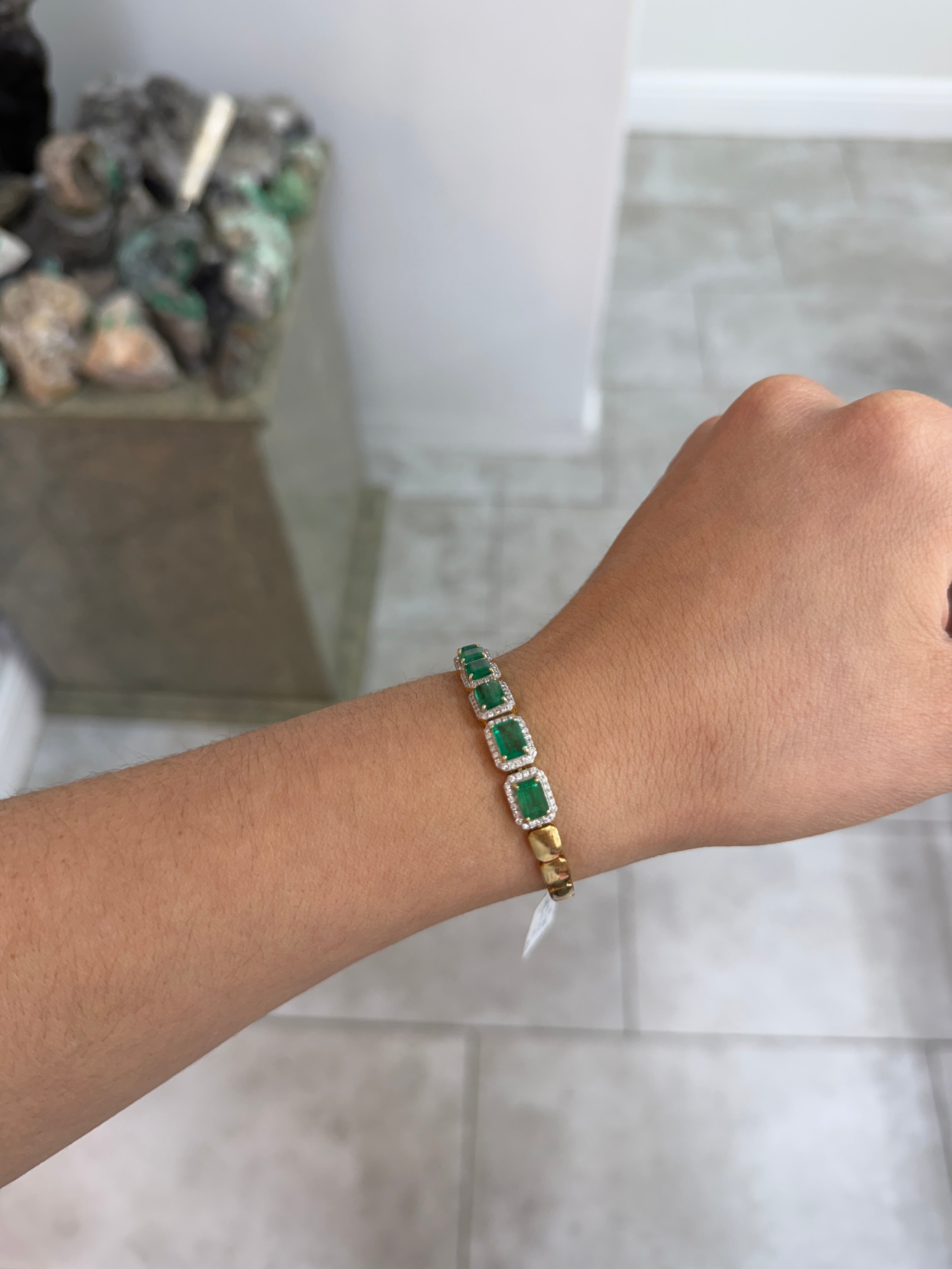 10.08tcw 14K Natural Emerald & Diamond Halo Custom Gold Bracelet 6.5"