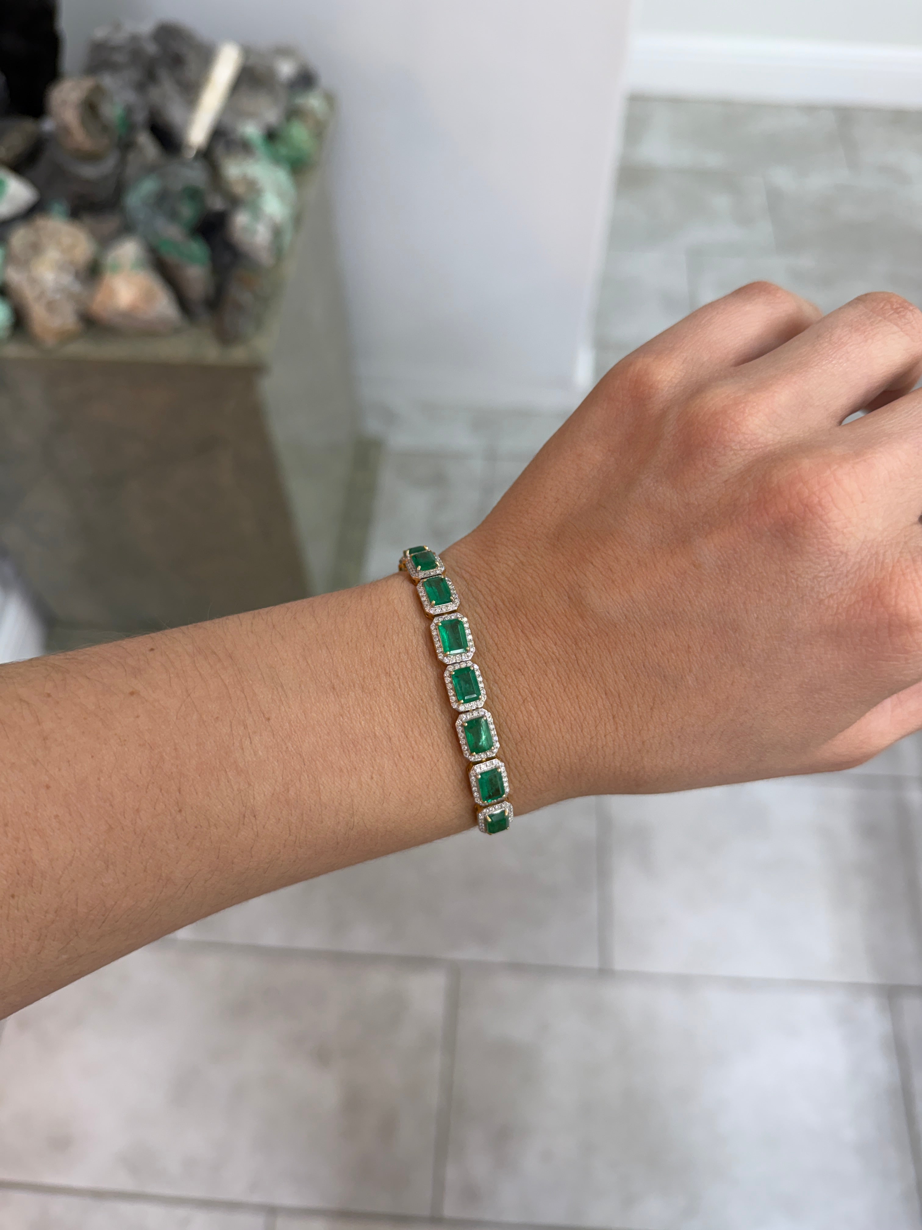 10.08tcw 14K Natural Emerald & Diamond Halo Custom Gold Bracelet 6.5"