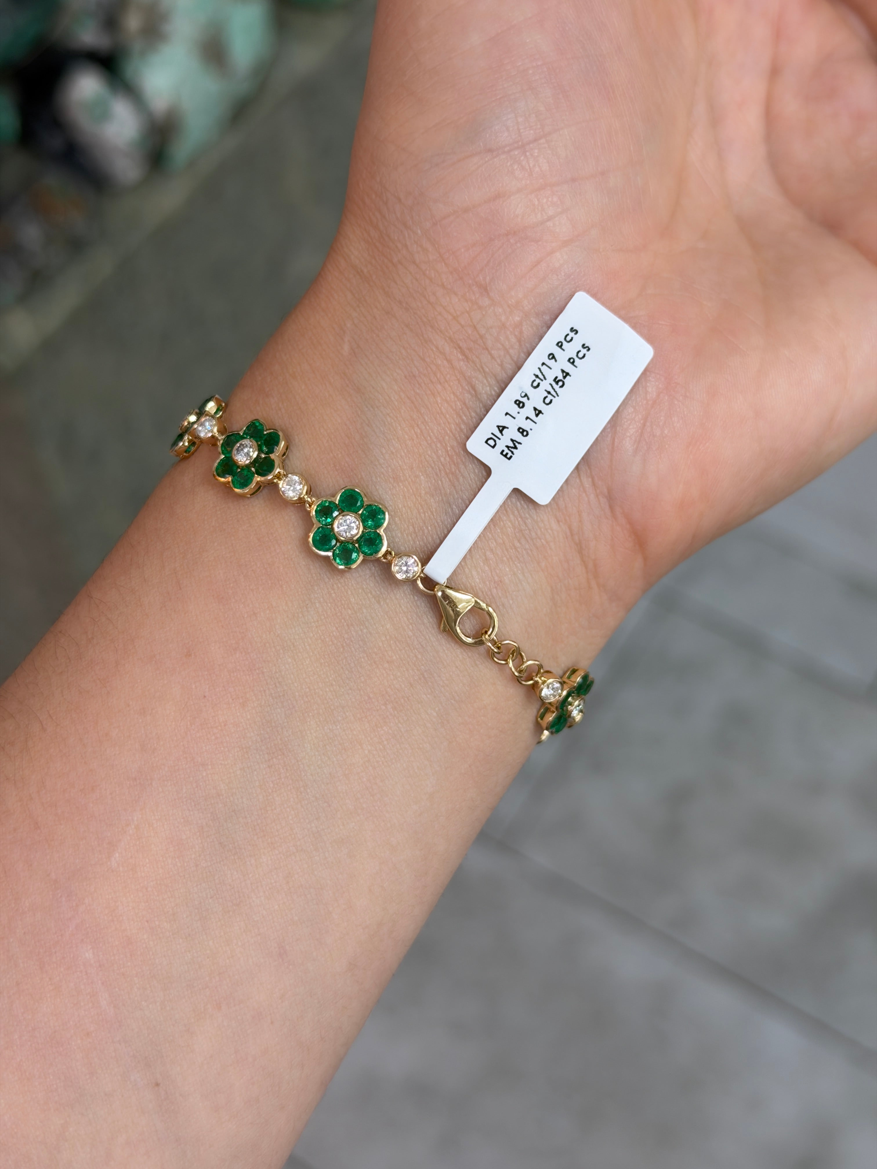 10.03tcw 14K Floral Natural Vivid Green Emerald & Diamond Bracelet 7"