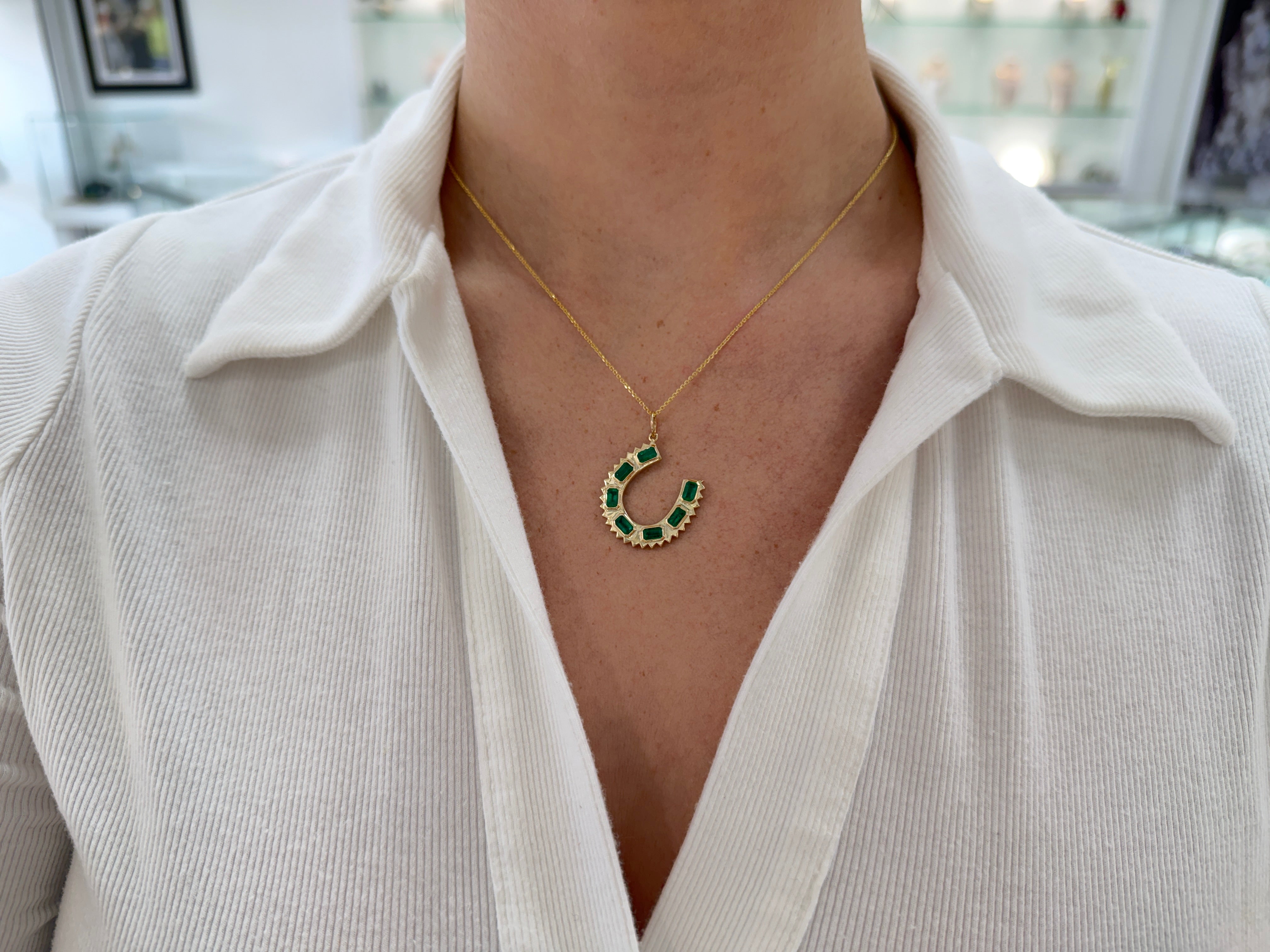 14K natural emerald cut horseshoe charm pendant necklace with 2.24tcw emeralds, from JR Colombian Emeralds, jewelry for women