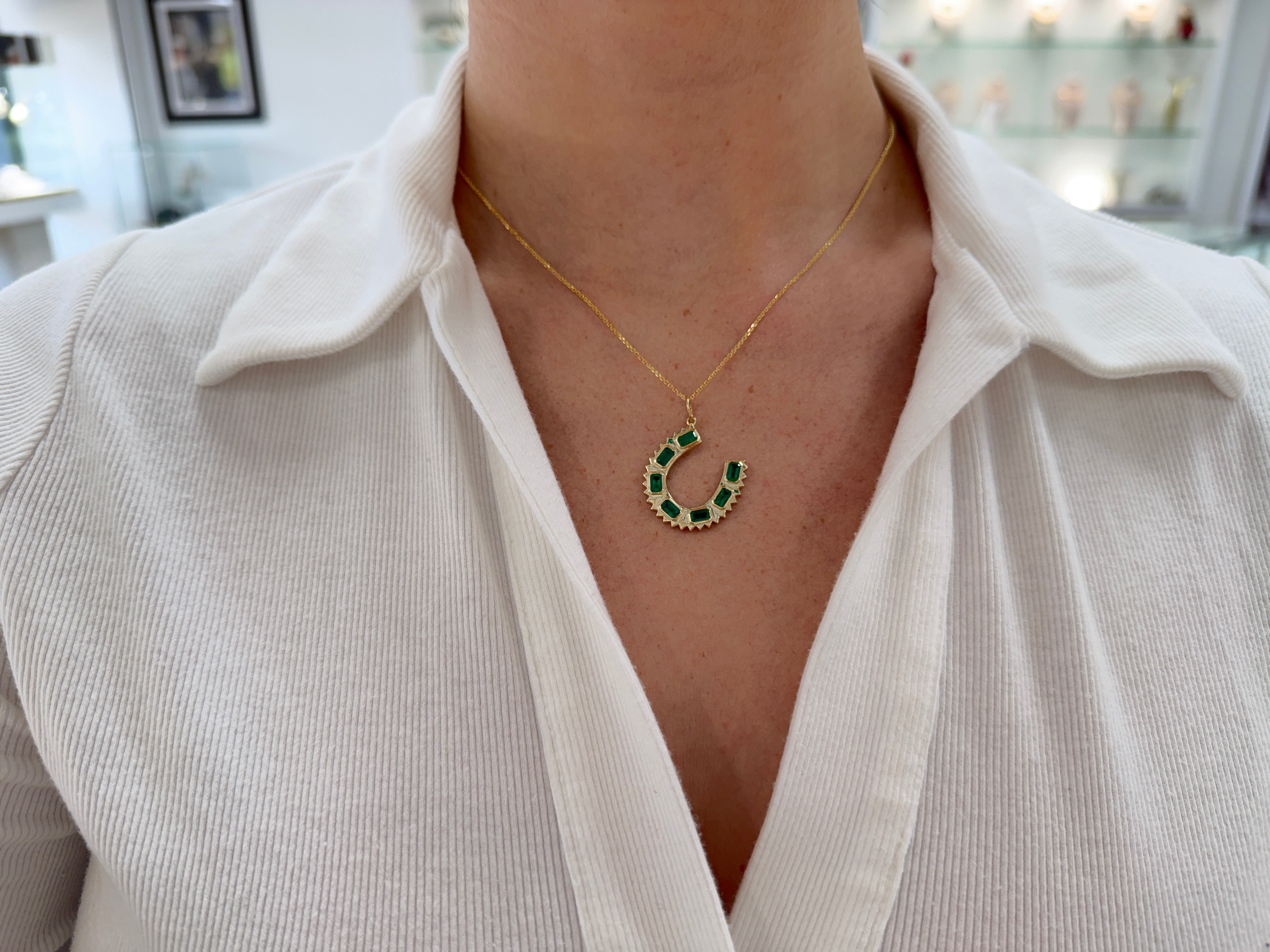 2.24tcw 14K Natural Emerald Cut Emerald Horseshoe Charm Pendant Necklace