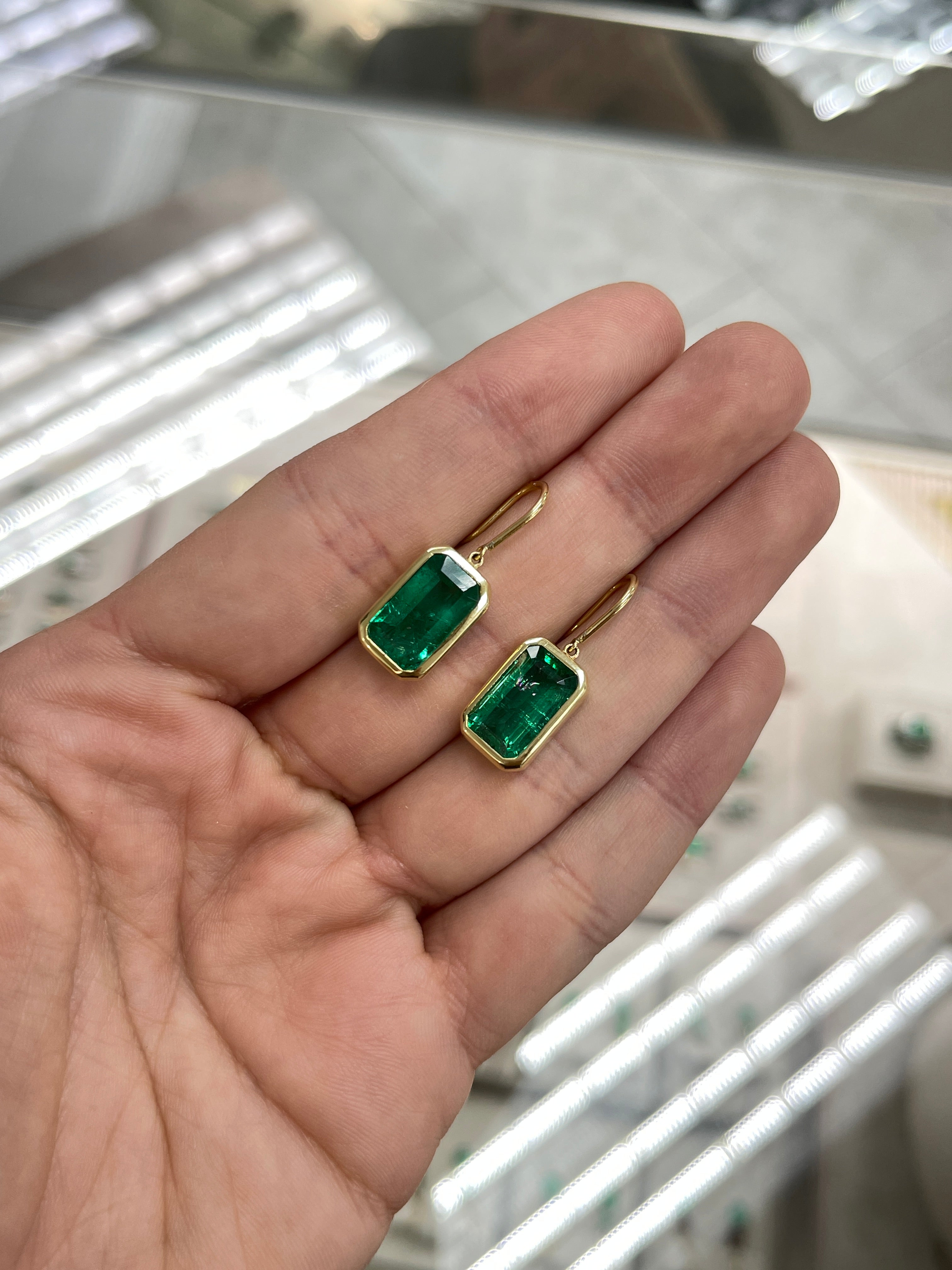 7.90tcw Deep Green Natural Emerald Bezel Set Drop & Dangle Hook Earrings 18K