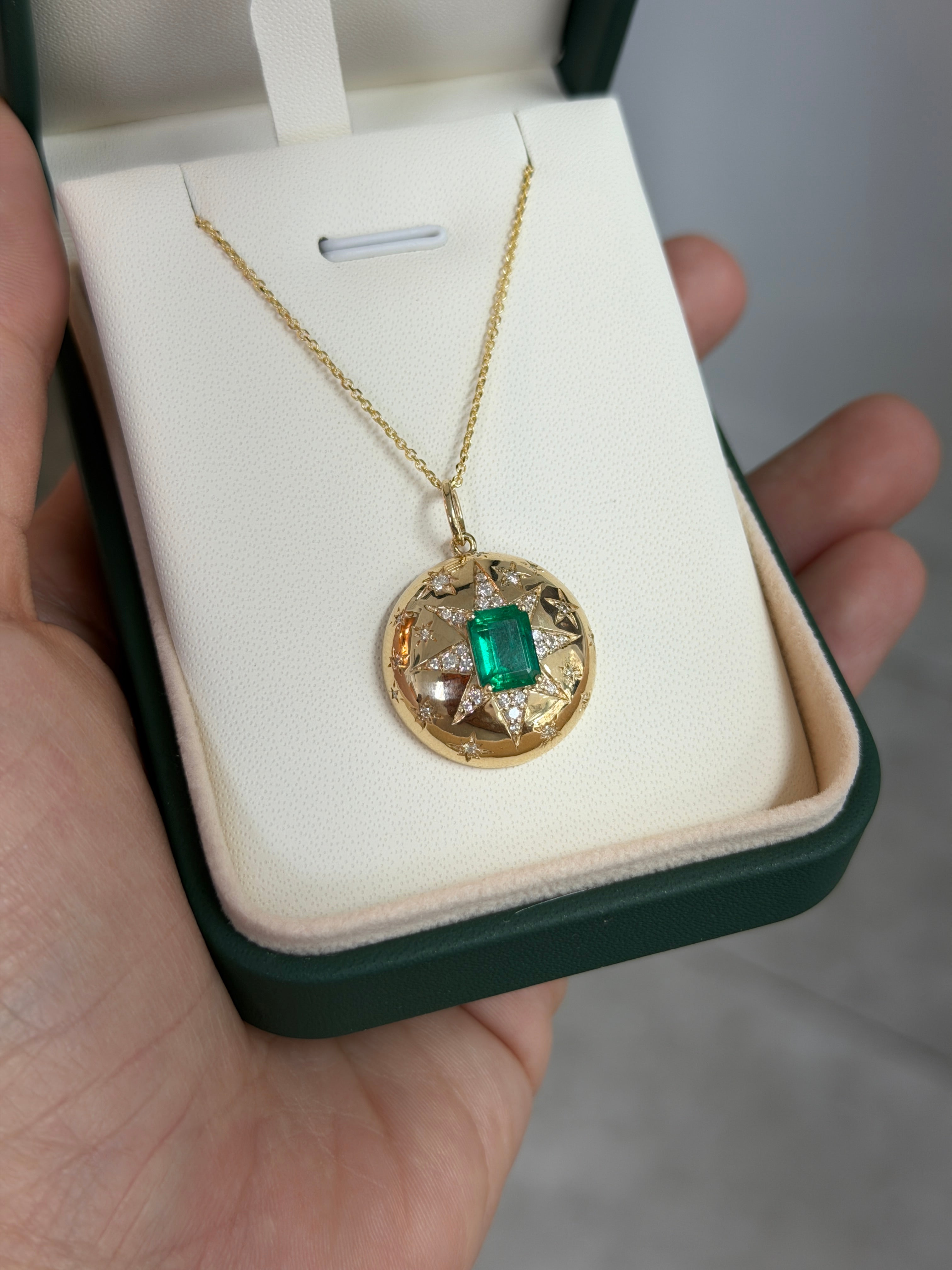 2.37tcw 14K Stunning Emerald & Diamond Celestial Dome Star Burst Pendant Necklace