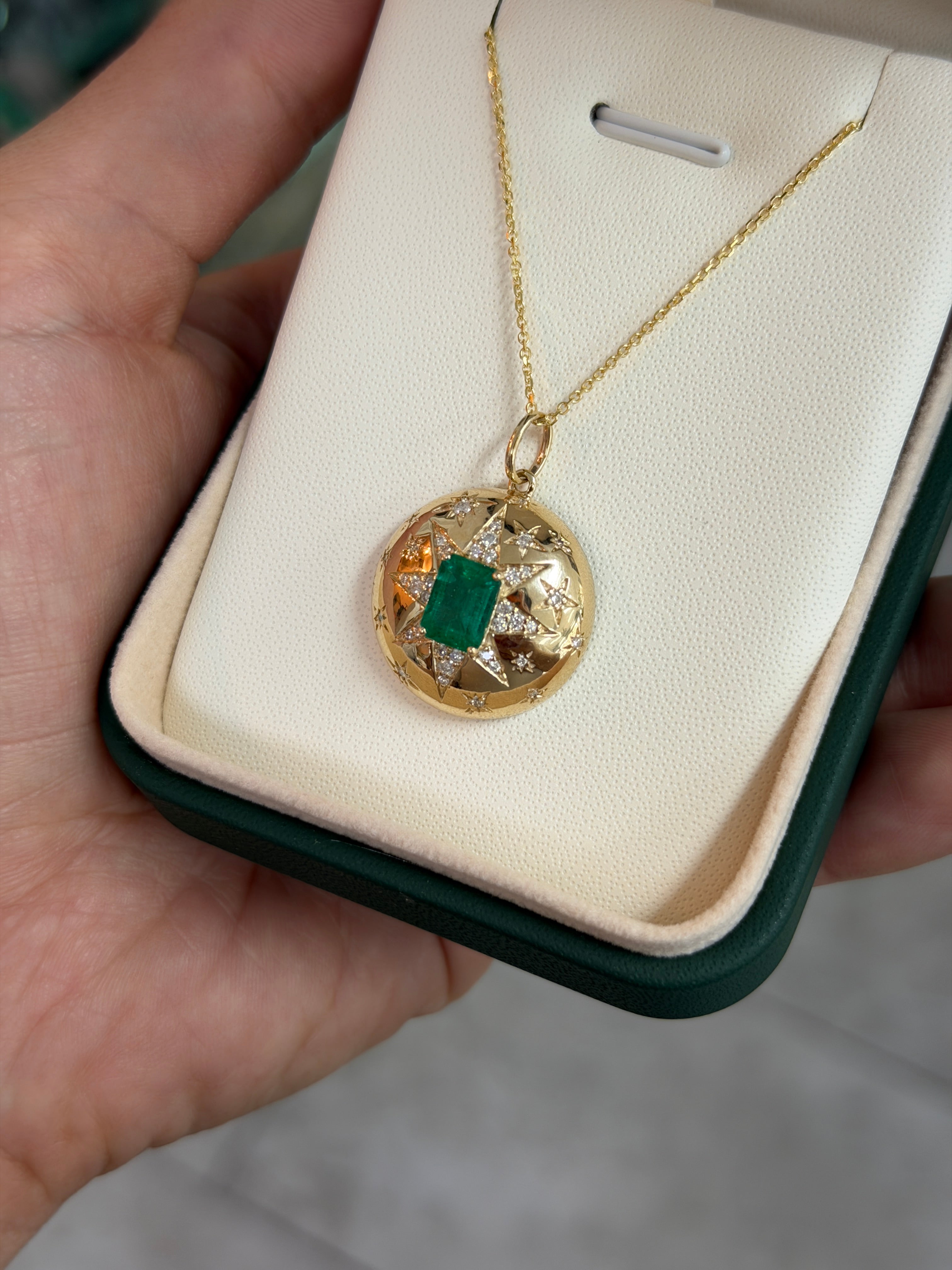 2.37tcw 14K Stunning Emerald & Diamond Celestial Dome Star Burst Pendant Necklace