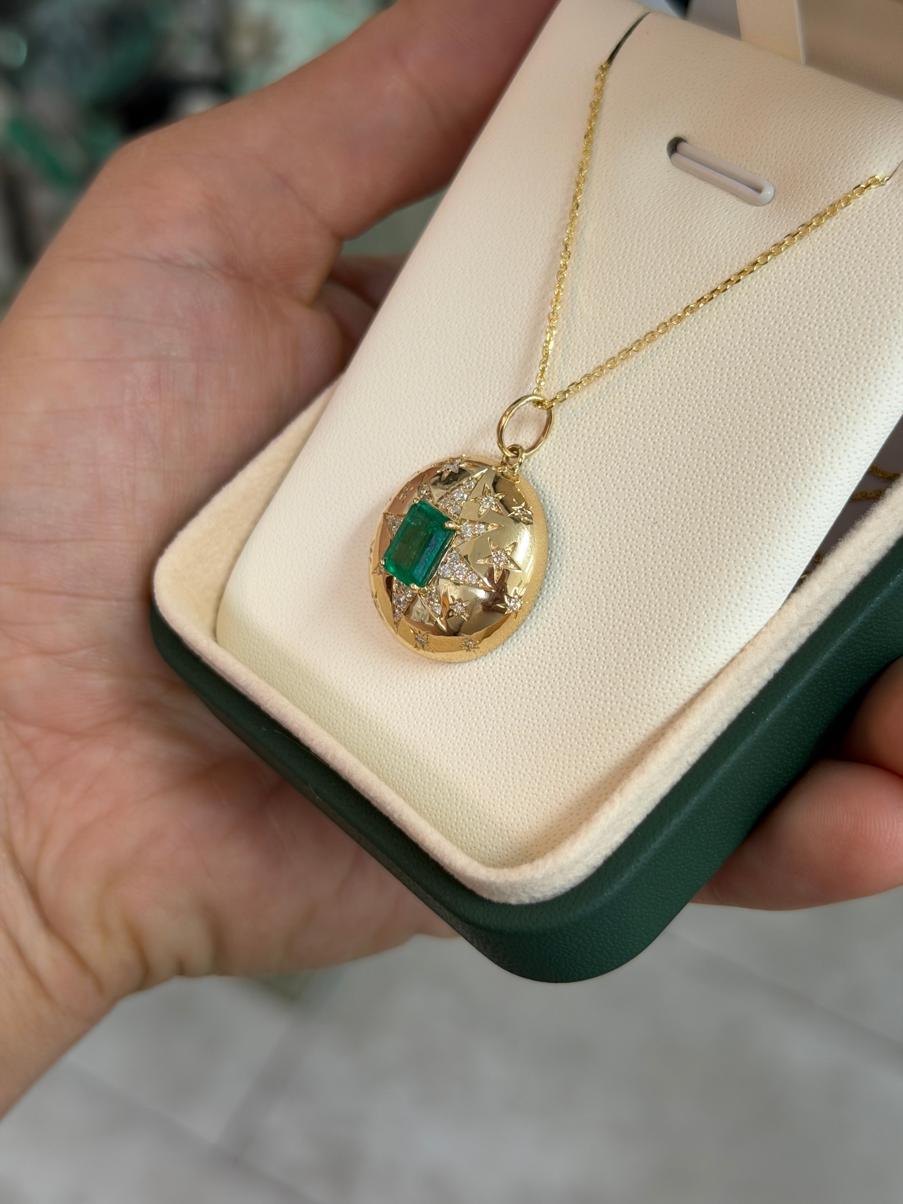 2.37tcw 14K Stunning Emerald & Diamond Celestial Dome Star Burst Pendant Necklace