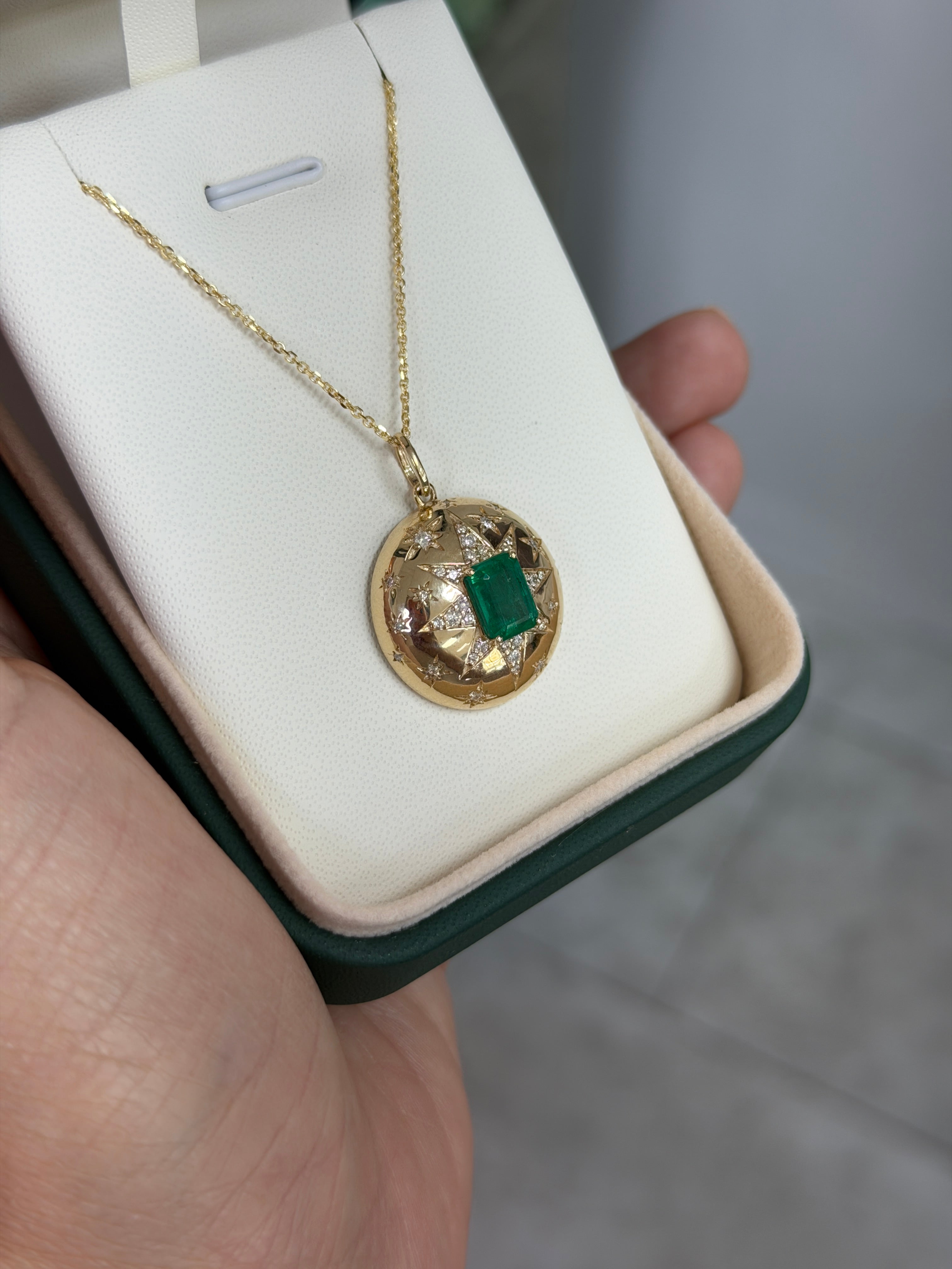 2.37tcw 14K Stunning Emerald & Diamond Celestial Dome Star Burst Pendant Necklace