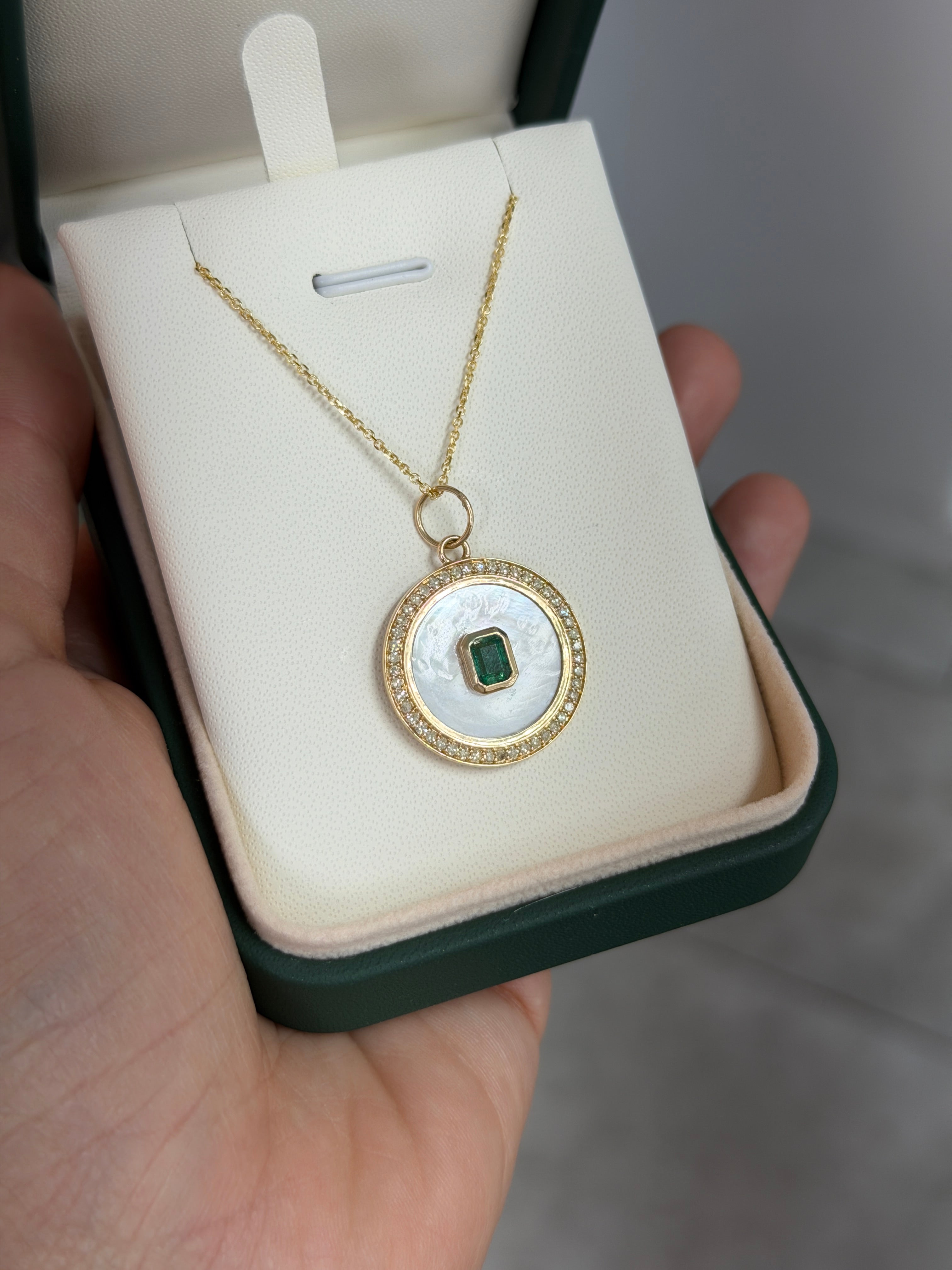 7.85tcw 14K Natural Emerald & Mother of Pearl Diamond Halo Accent Charm Pendant Necklace