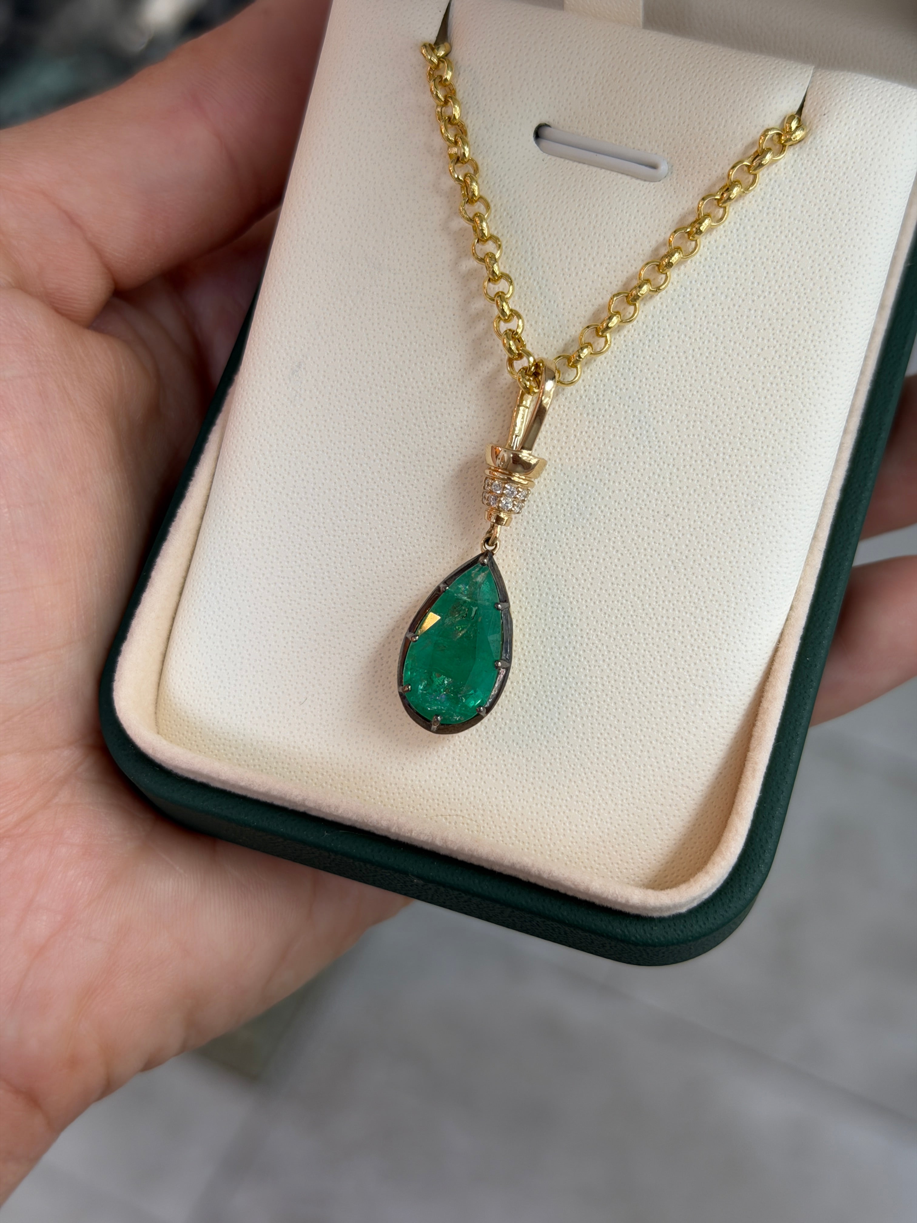 6.84tcw 14K Natural Pear Cut Emerald & Diamond Accent Charm Pendant Necklace