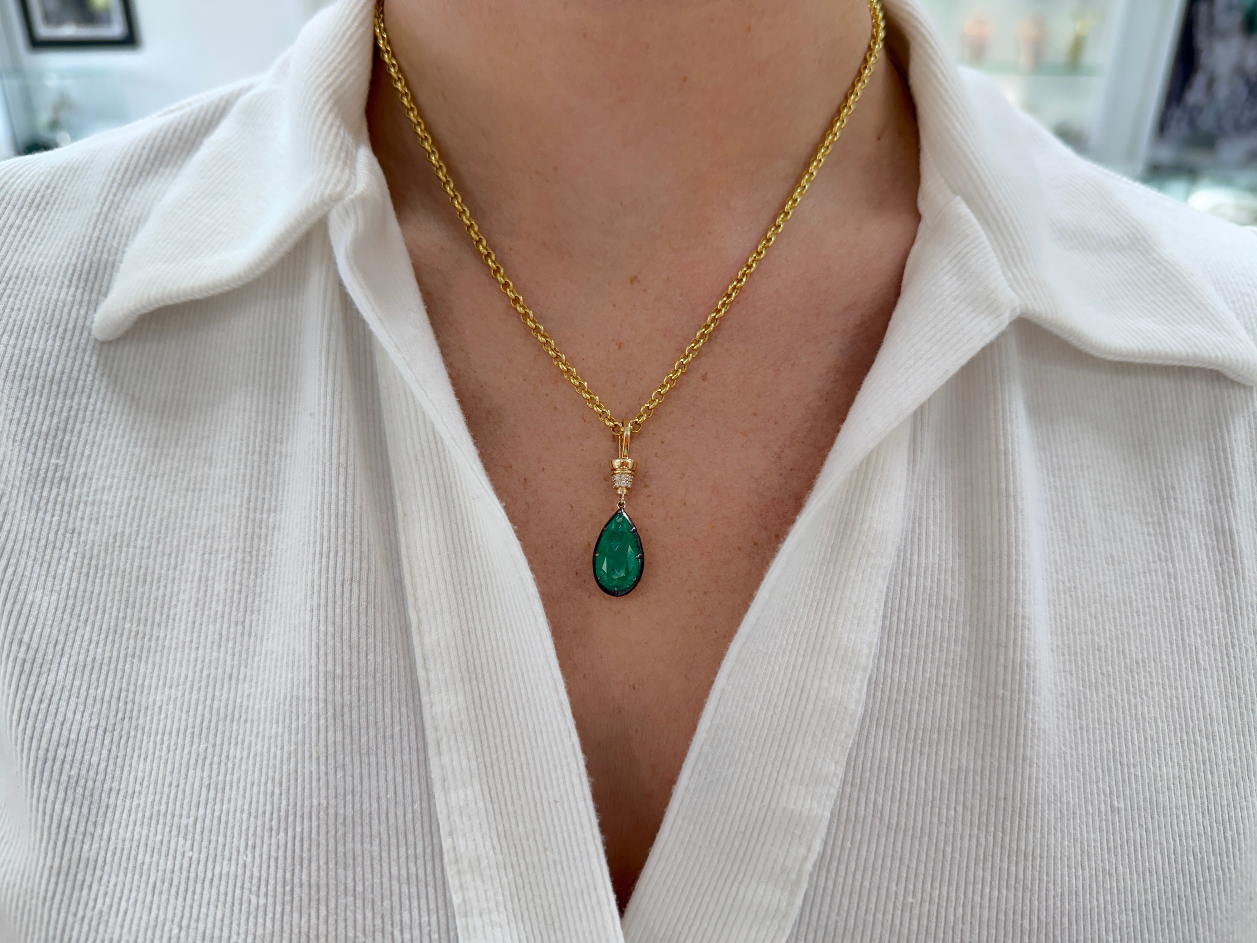 6.84tcw 14K Natural Pear Cut Emerald & Diamond Accent Charm Pendant Necklace