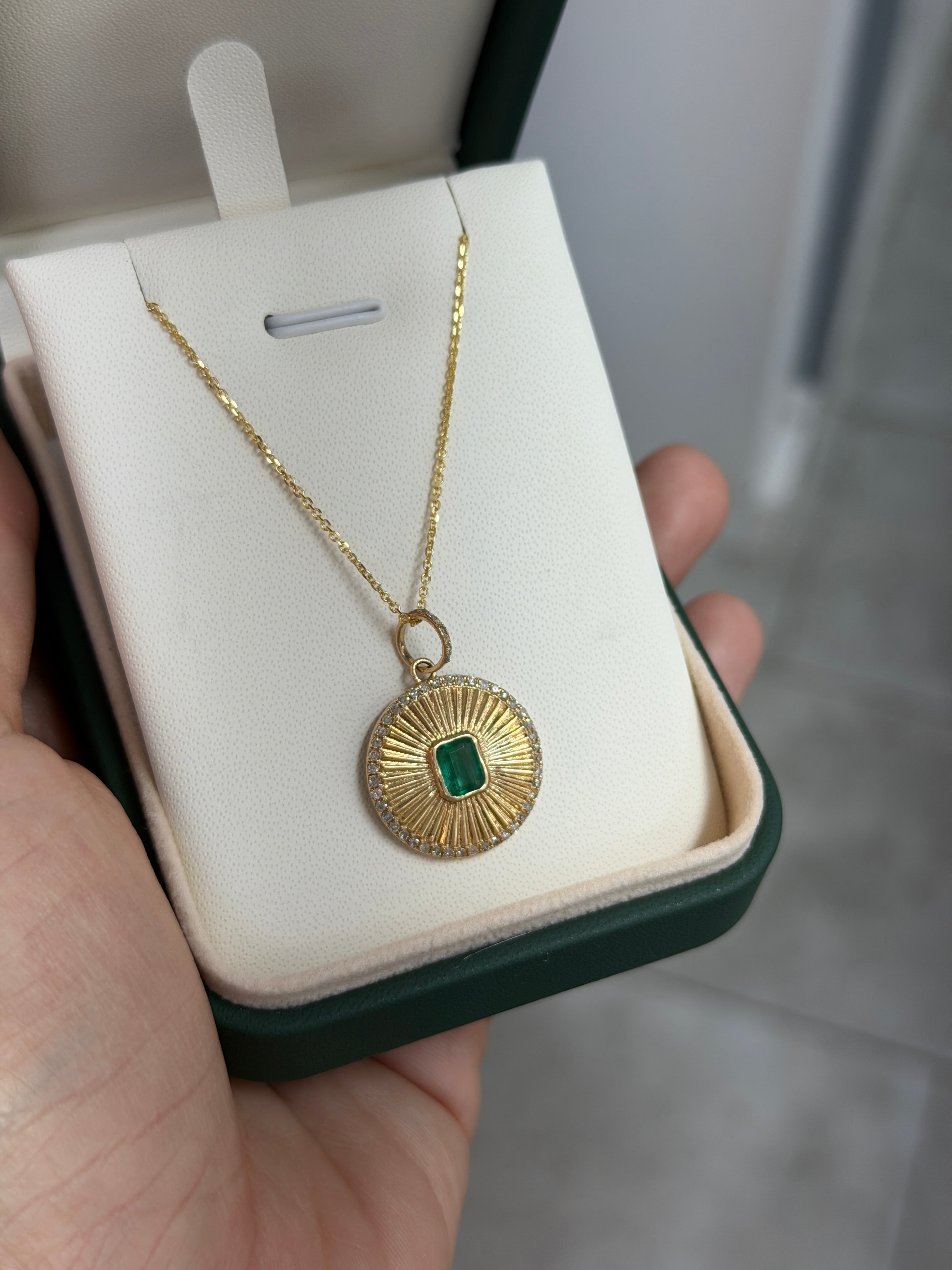 1.29tcw 14K Natural Emerald Cut Emerald & Diamond Halo Medallion Charm Pendant Necklace