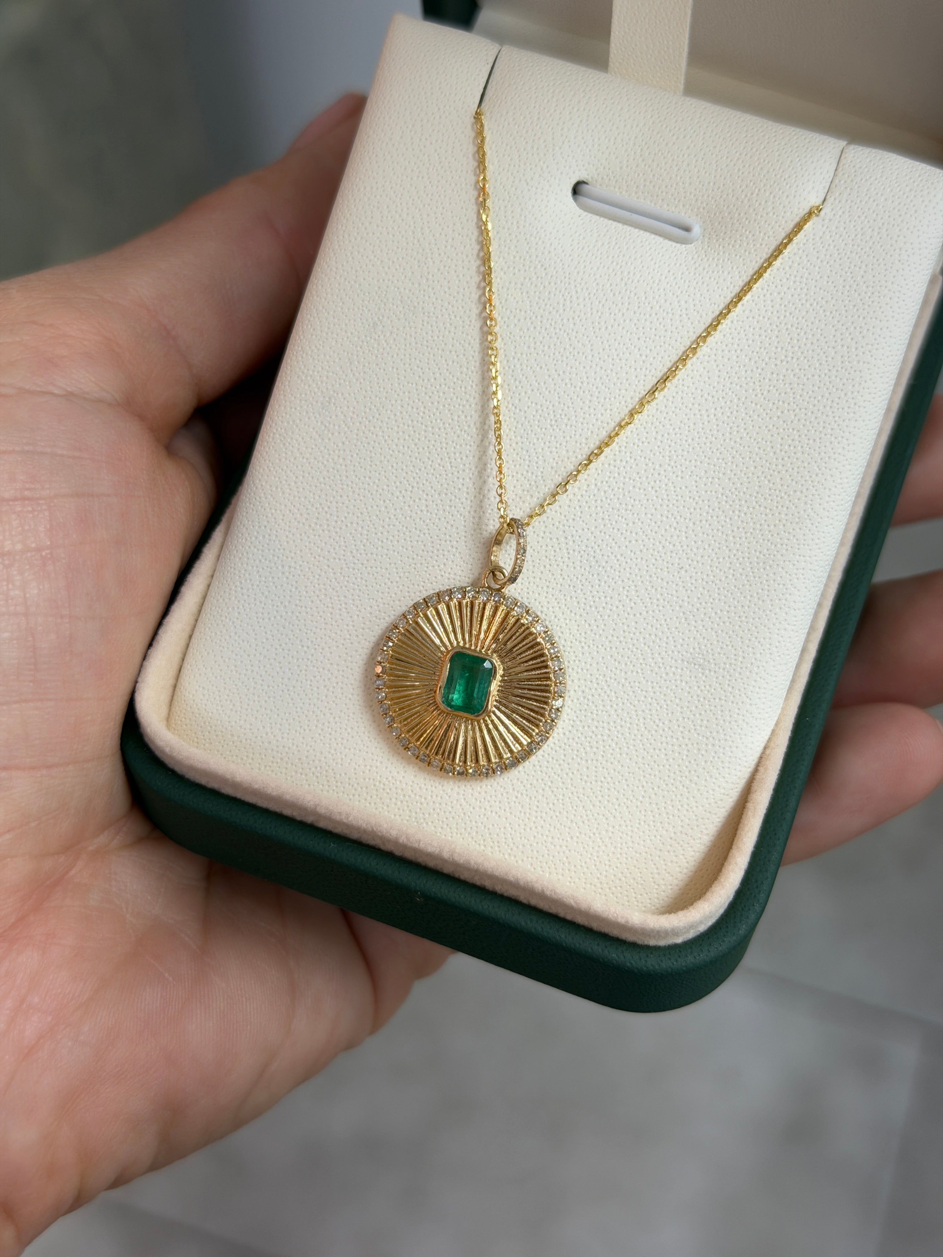 1.29tcw 14K Natural Emerald Cut Emerald & Diamond Halo Medallion Charm Pendant Necklace