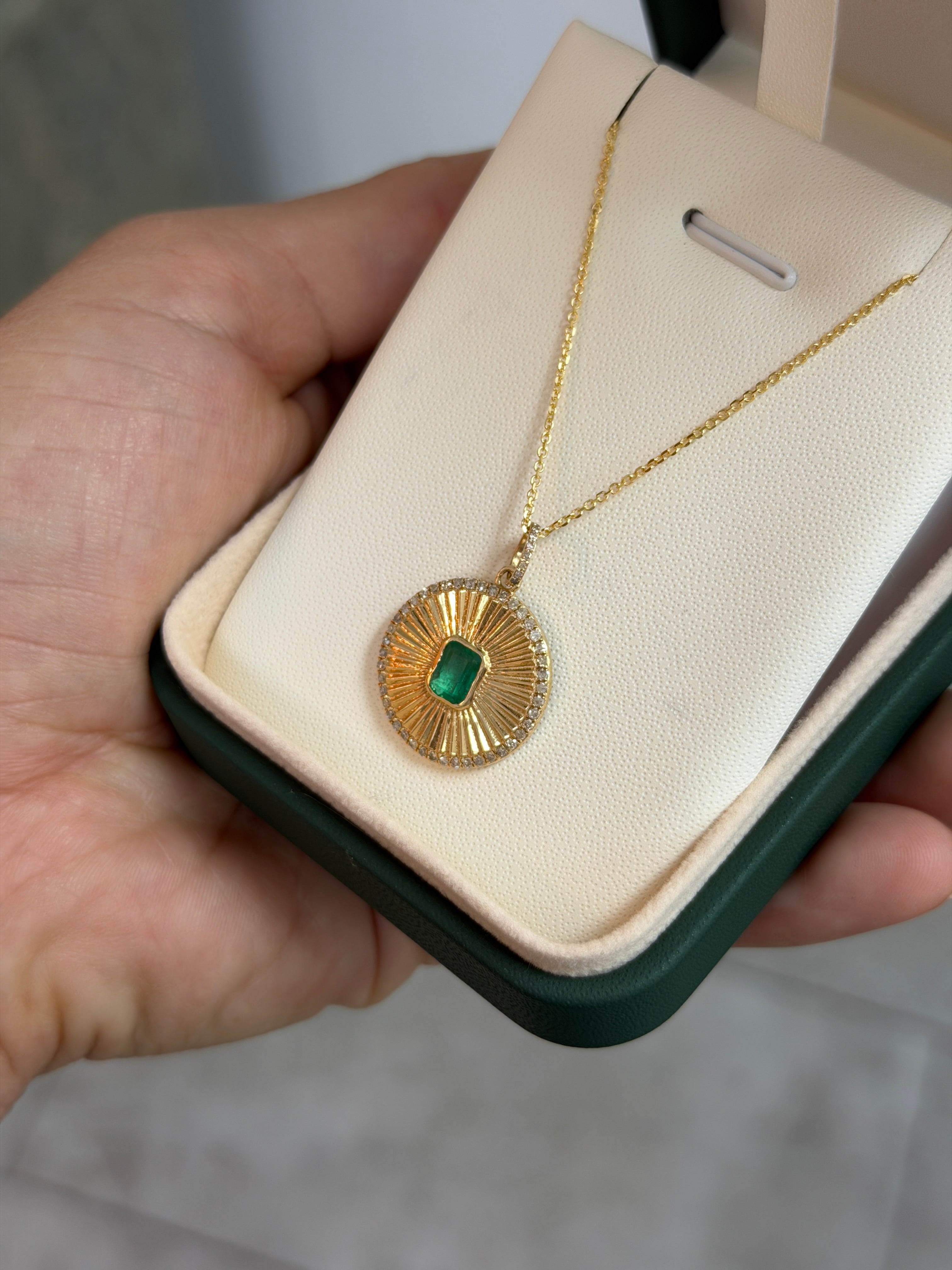 1.29tcw 14K Natural Emerald Cut Emerald & Diamond Halo Medallion Charm Pendant Necklace