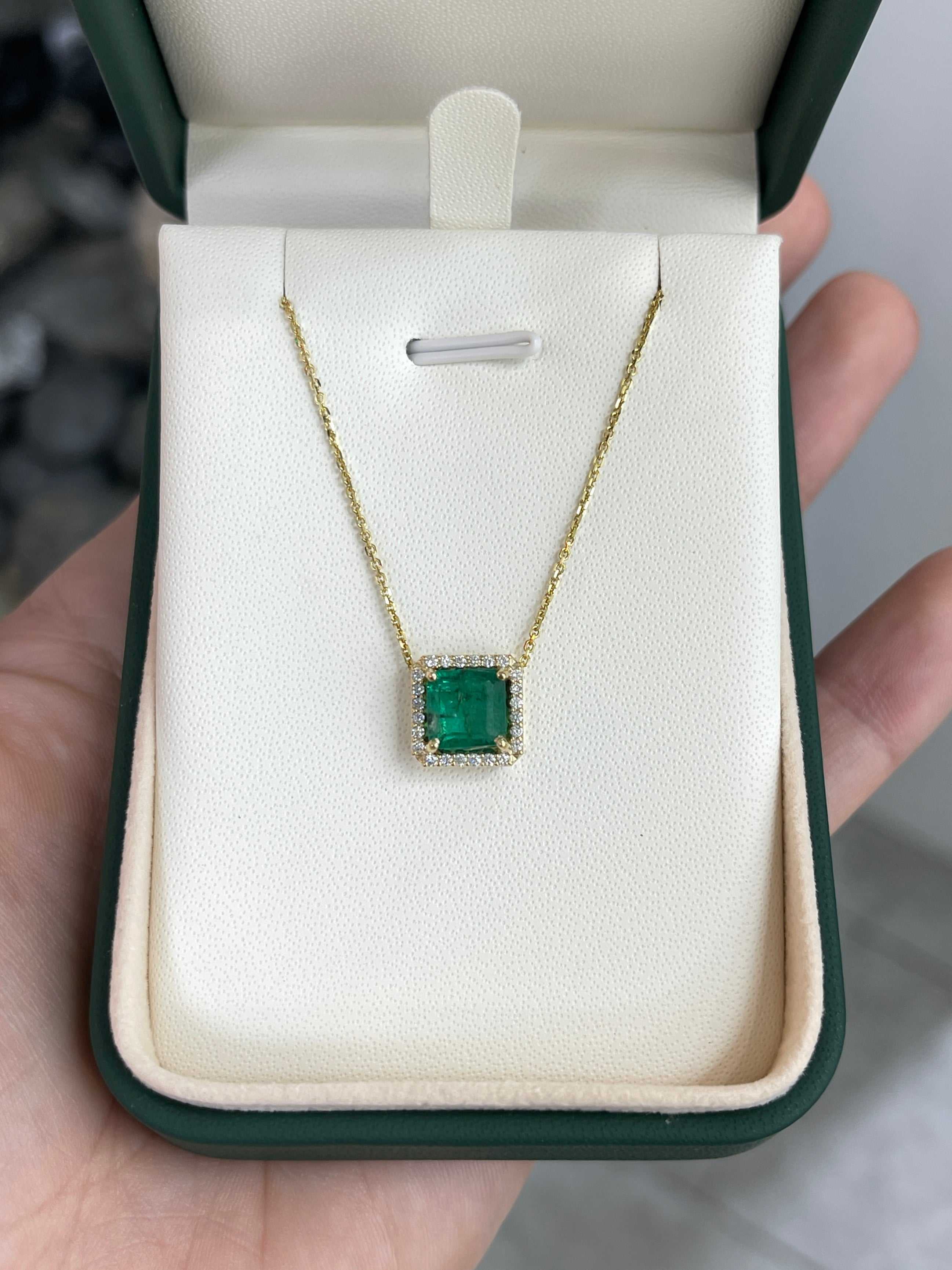 2.48tcw Asscher Cut Emerald & Diamond Halo Stationary Necklace 14K Gold - JR Colombian Emeralds