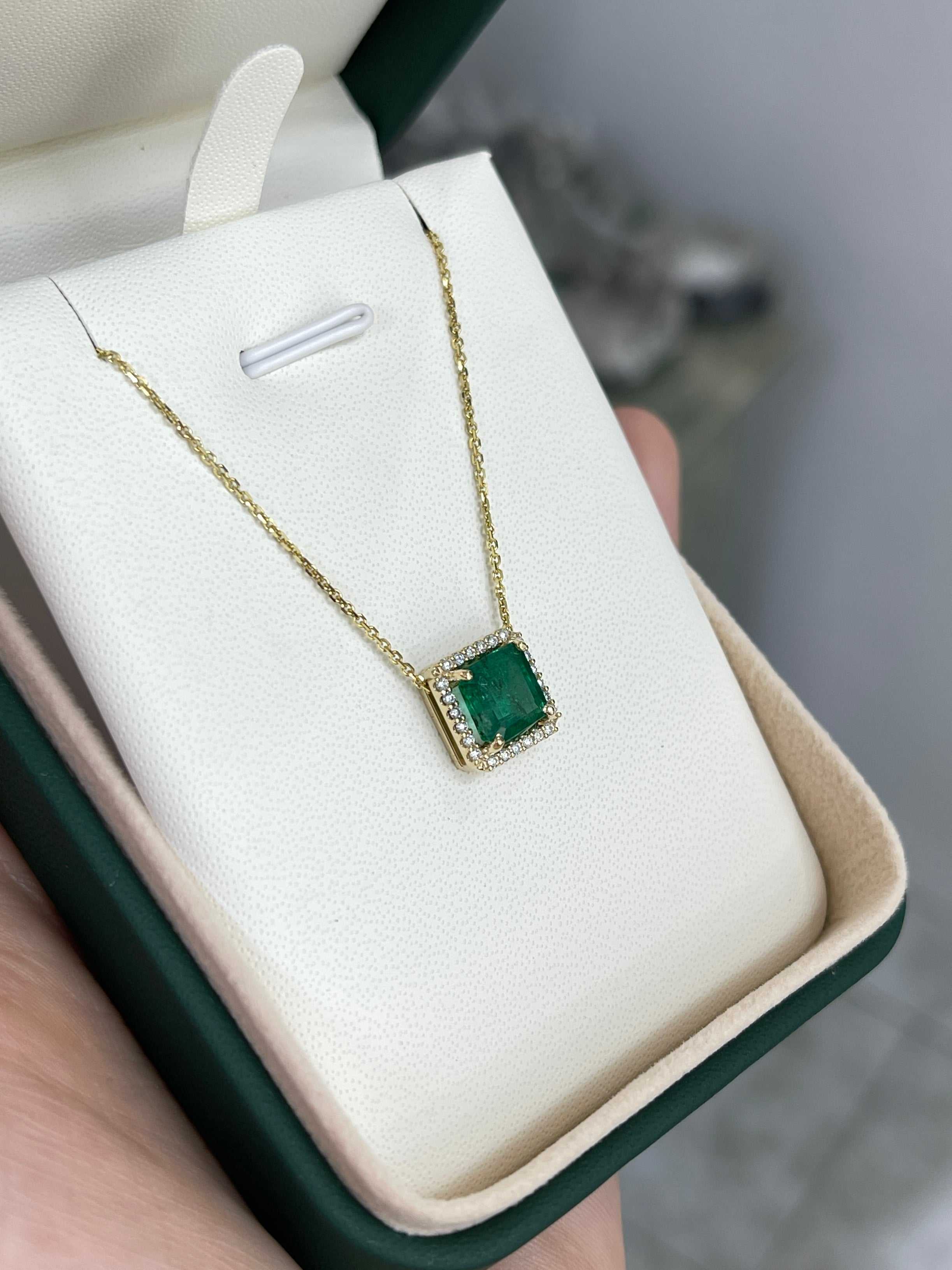 2.48tcw Asscher Cut Emerald & Diamond Halo Stationary Necklace 14K Gold - JR Colombian Emeralds
