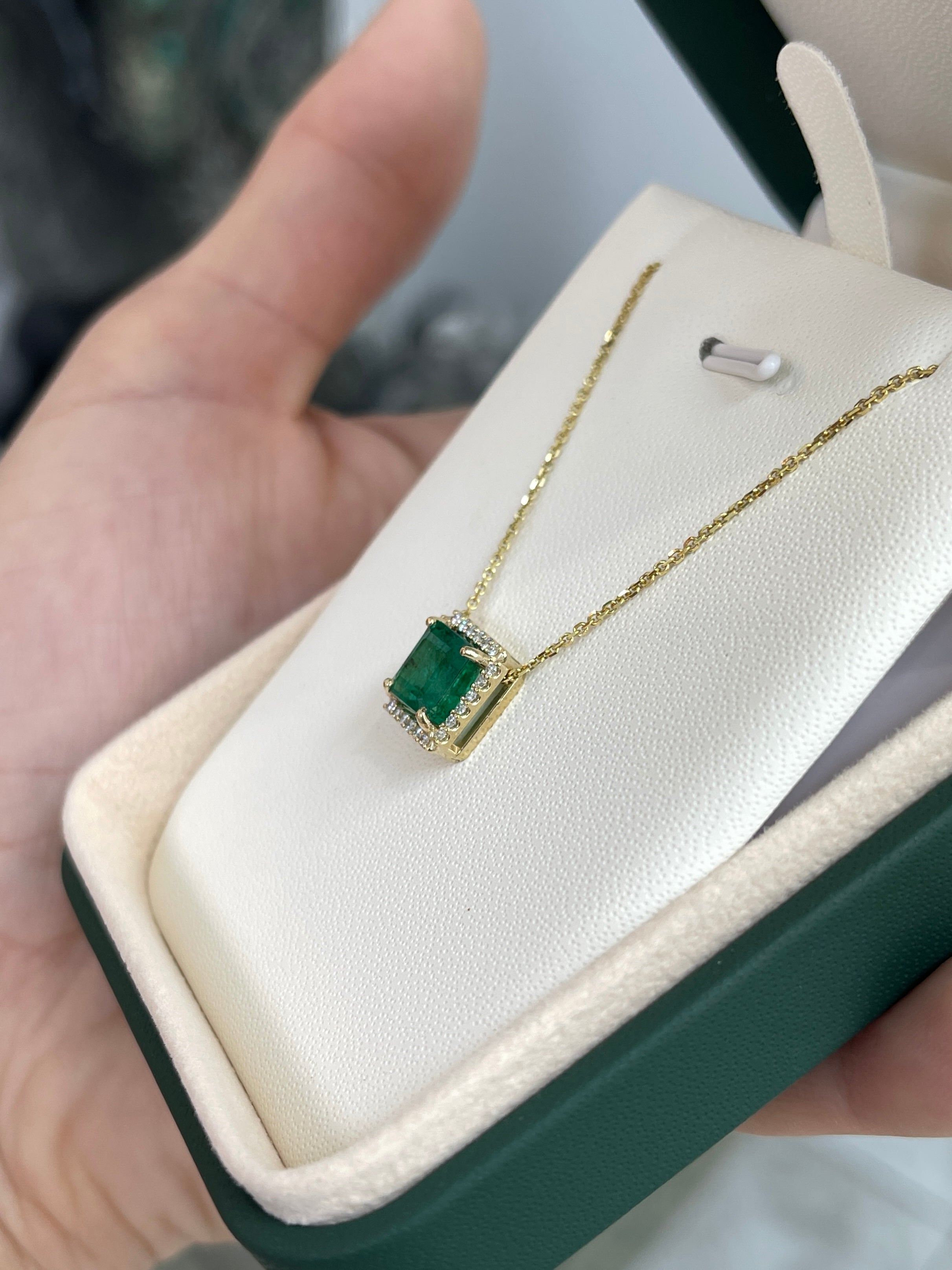 2.48tcw Asscher Cut Emerald & Diamond Halo Stationary Necklace 14K Gold