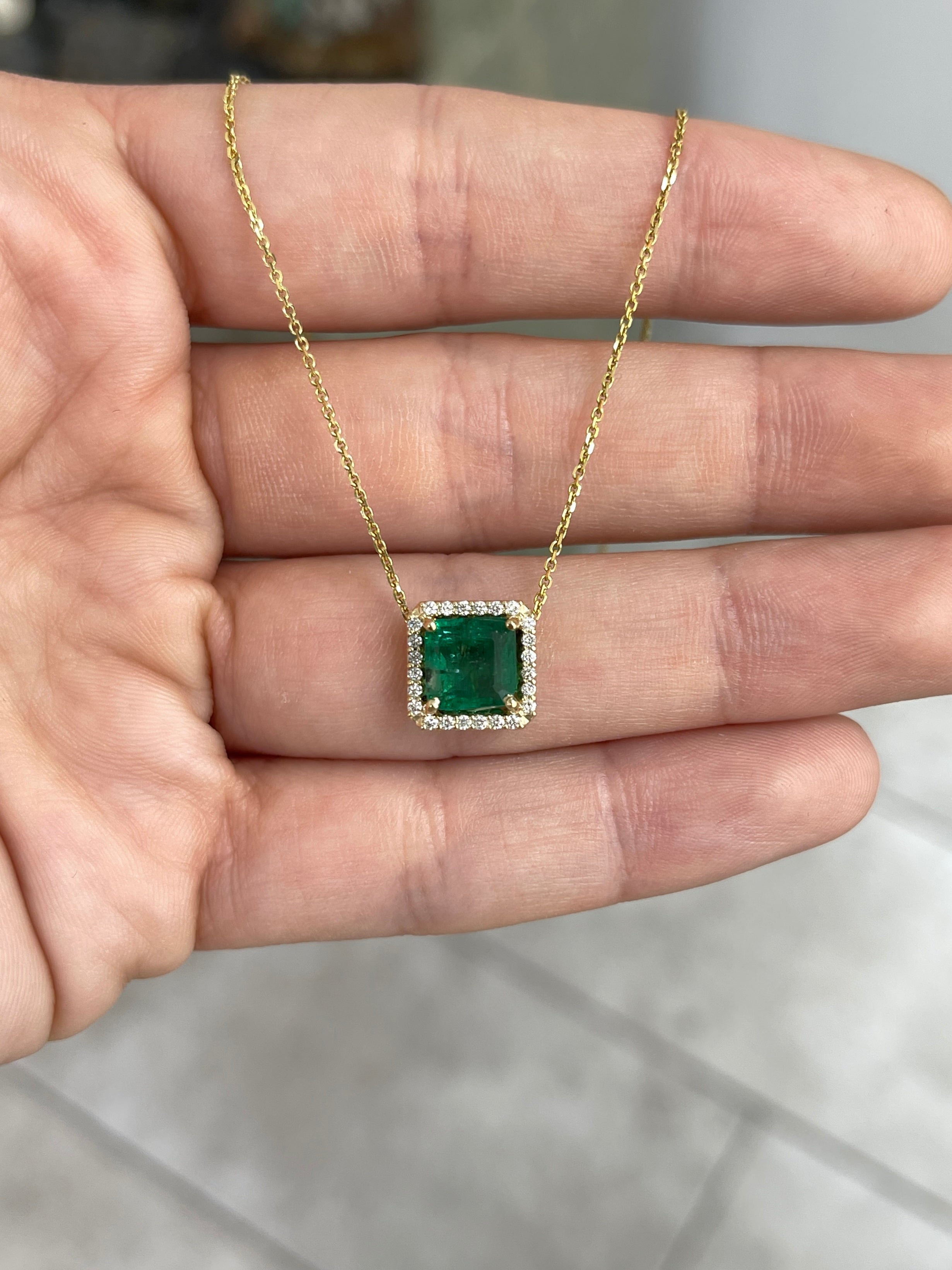 2.48tcw Asscher Cut Emerald & Diamond Halo Stationary Necklace 14K Gold