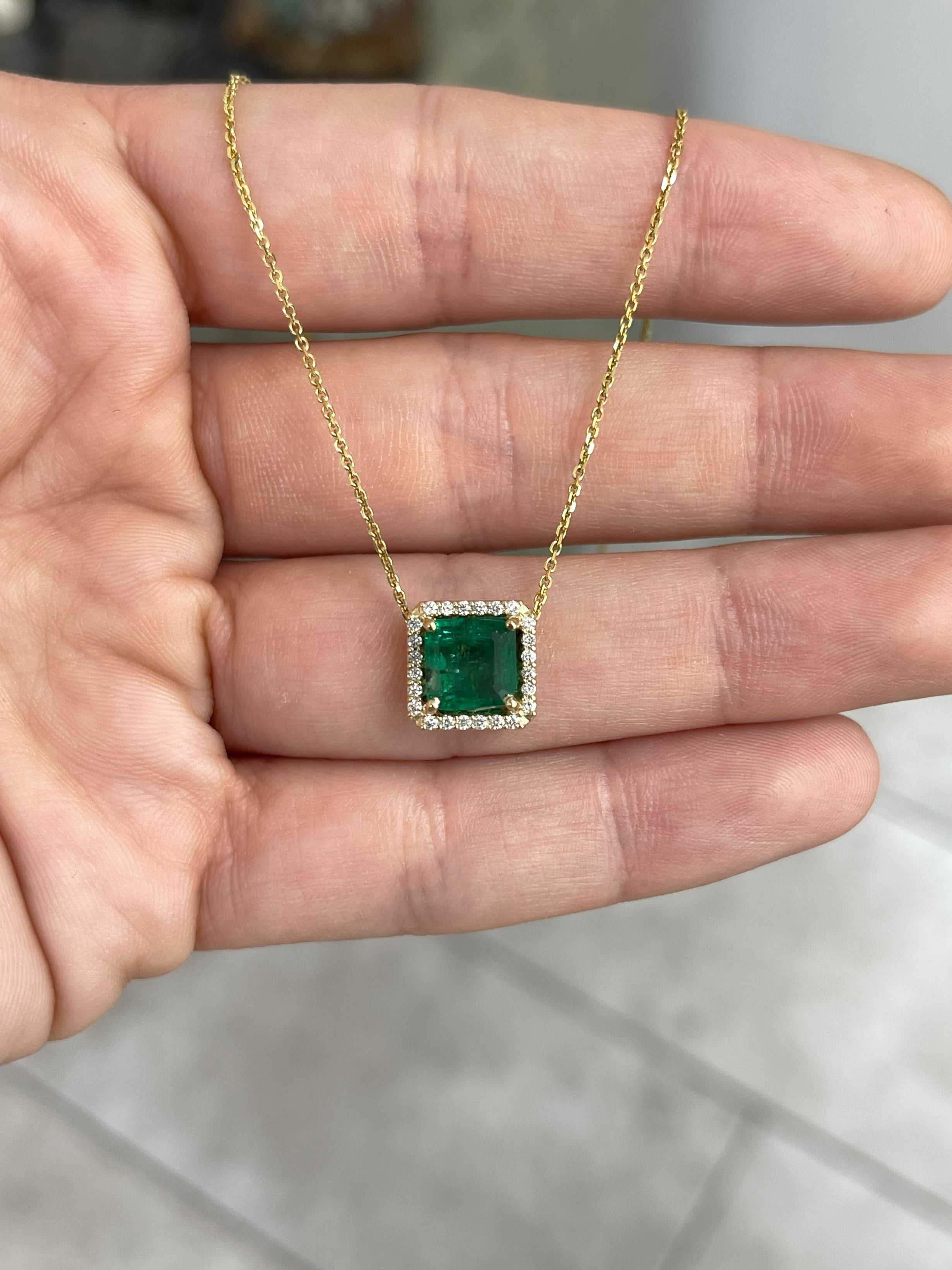 2.48tcw Asscher Cut Emerald & Diamond Halo Stationary Necklace 14K Gold - JR Colombian Emeralds