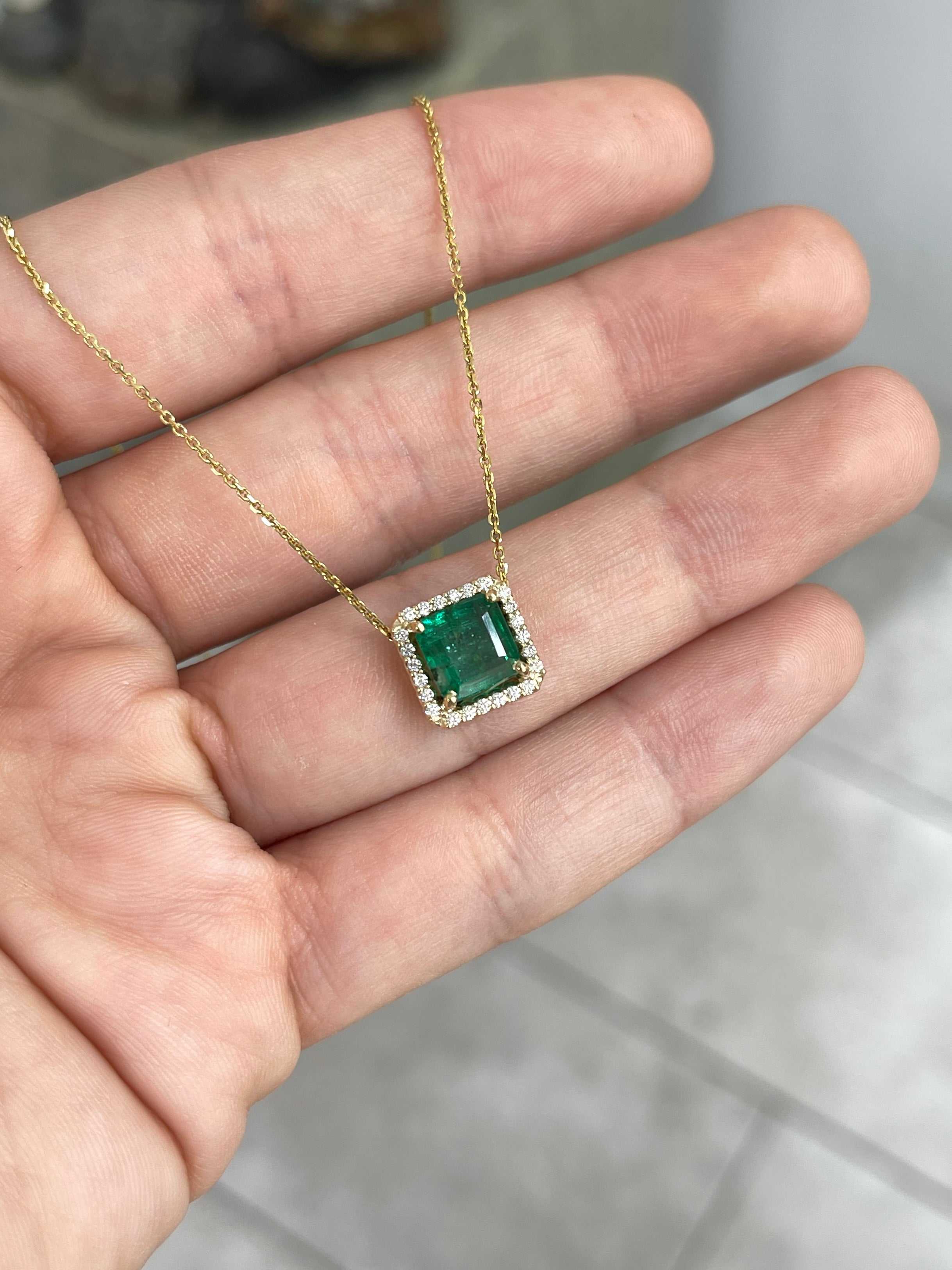 2.48tcw Asscher Cut Emerald & Diamond Halo Stationary Necklace 14K Gold - JR Colombian Emeralds