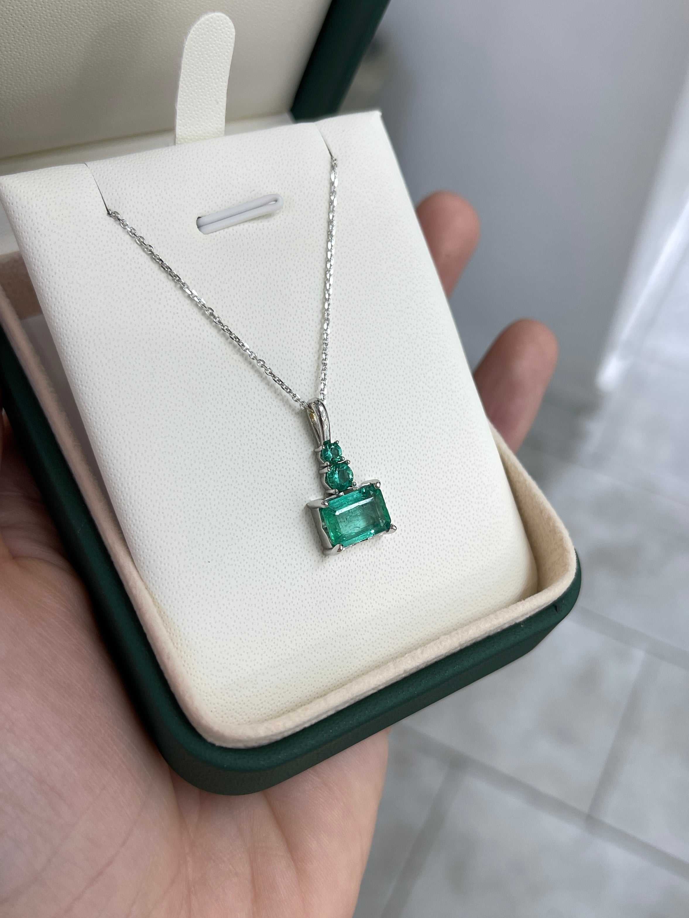 2.43tcw Crystal Clear East to West Emerald & Round Emerald Accent Necklace 14K White - JR Colombian Emeralds