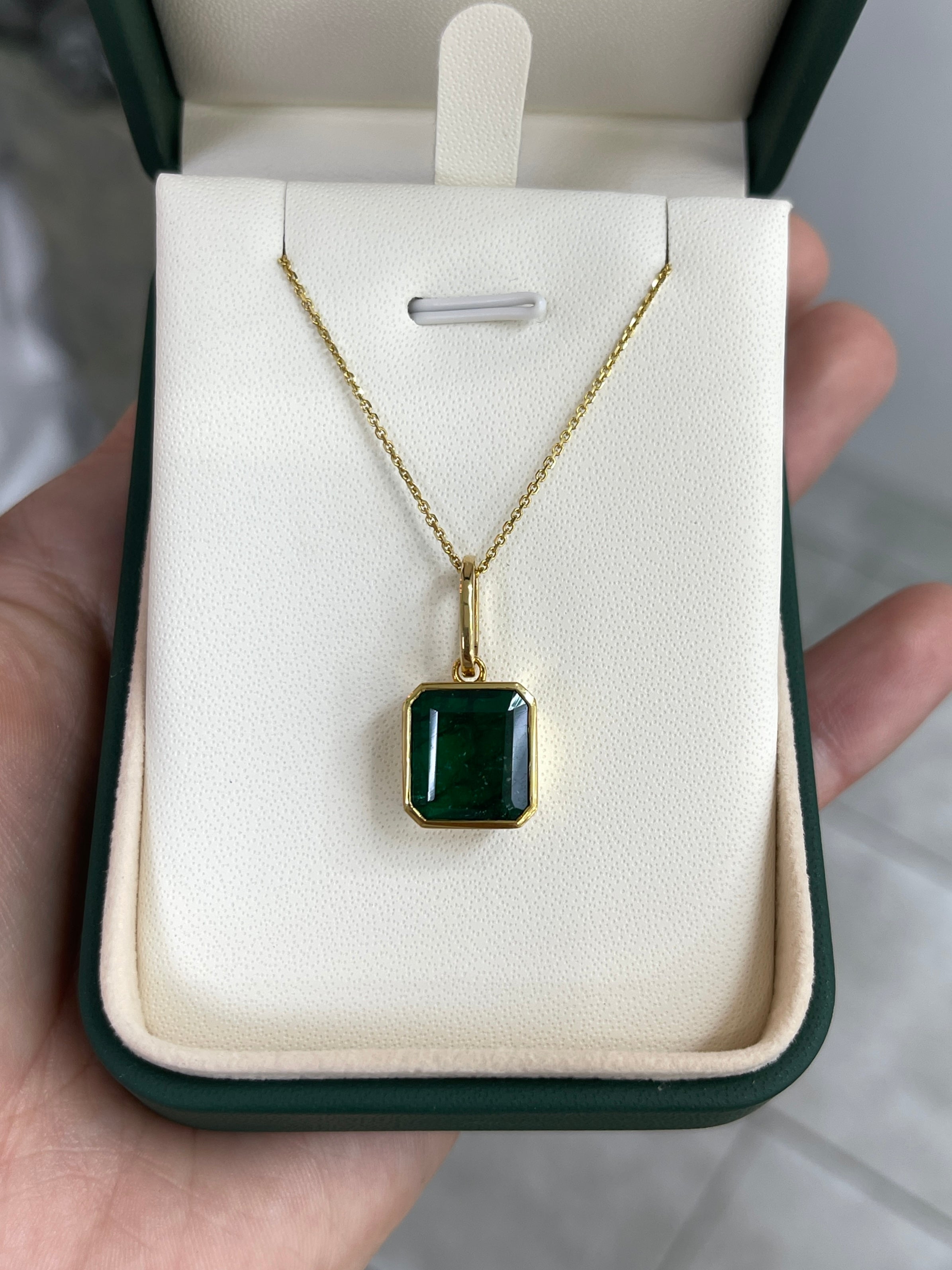 7.79 Carat Dark Green Bezel Set Zambian Emerald Necklace 14K Gold