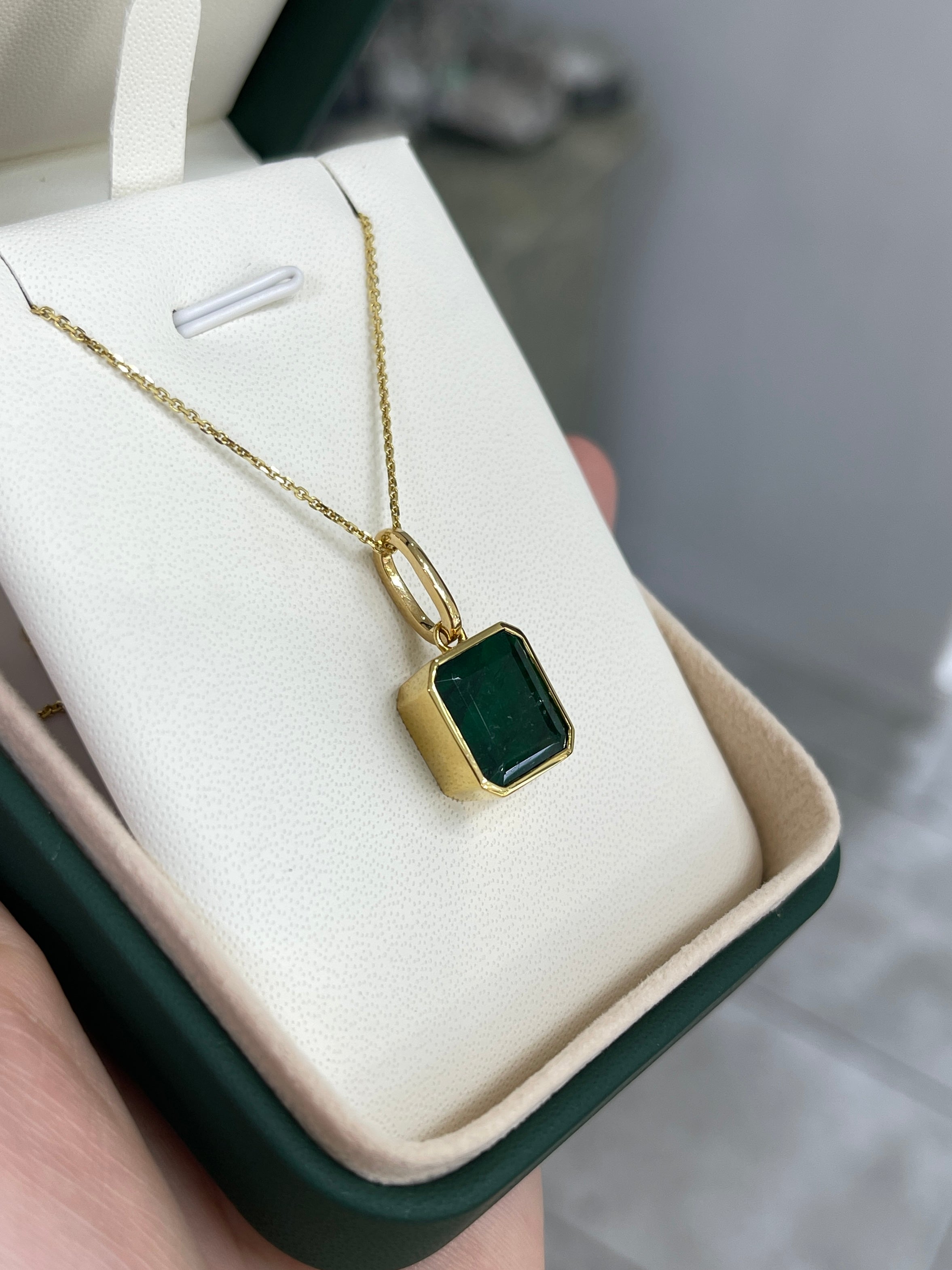 7.79 Carat Dark Green Bezel Set Zambian Emerald Necklace 14K Gold