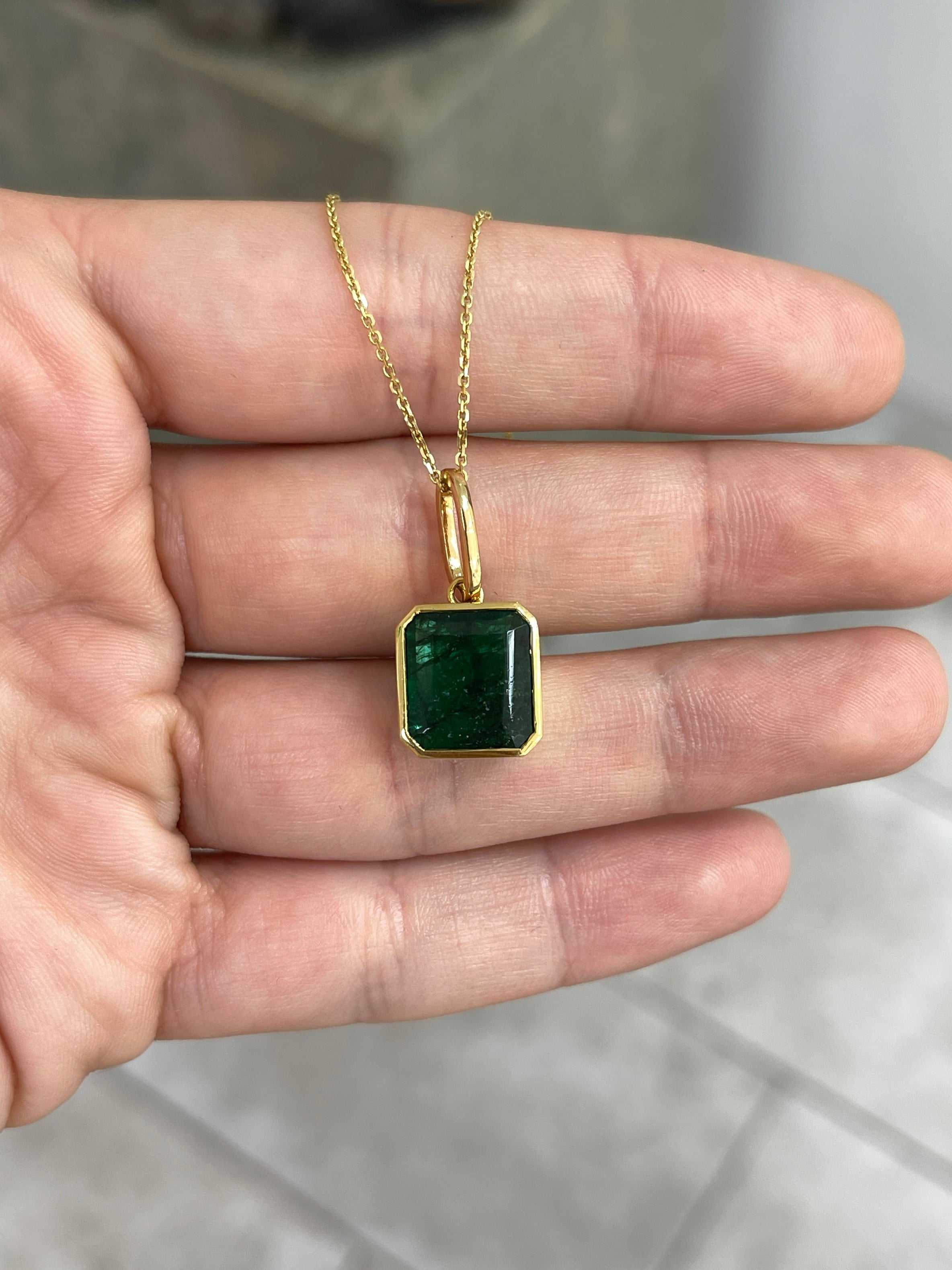 7.79 carat dark green Zambian emerald necklace with bezel-set emerald pendant in 14K gold by JR Colombian Emeralds.