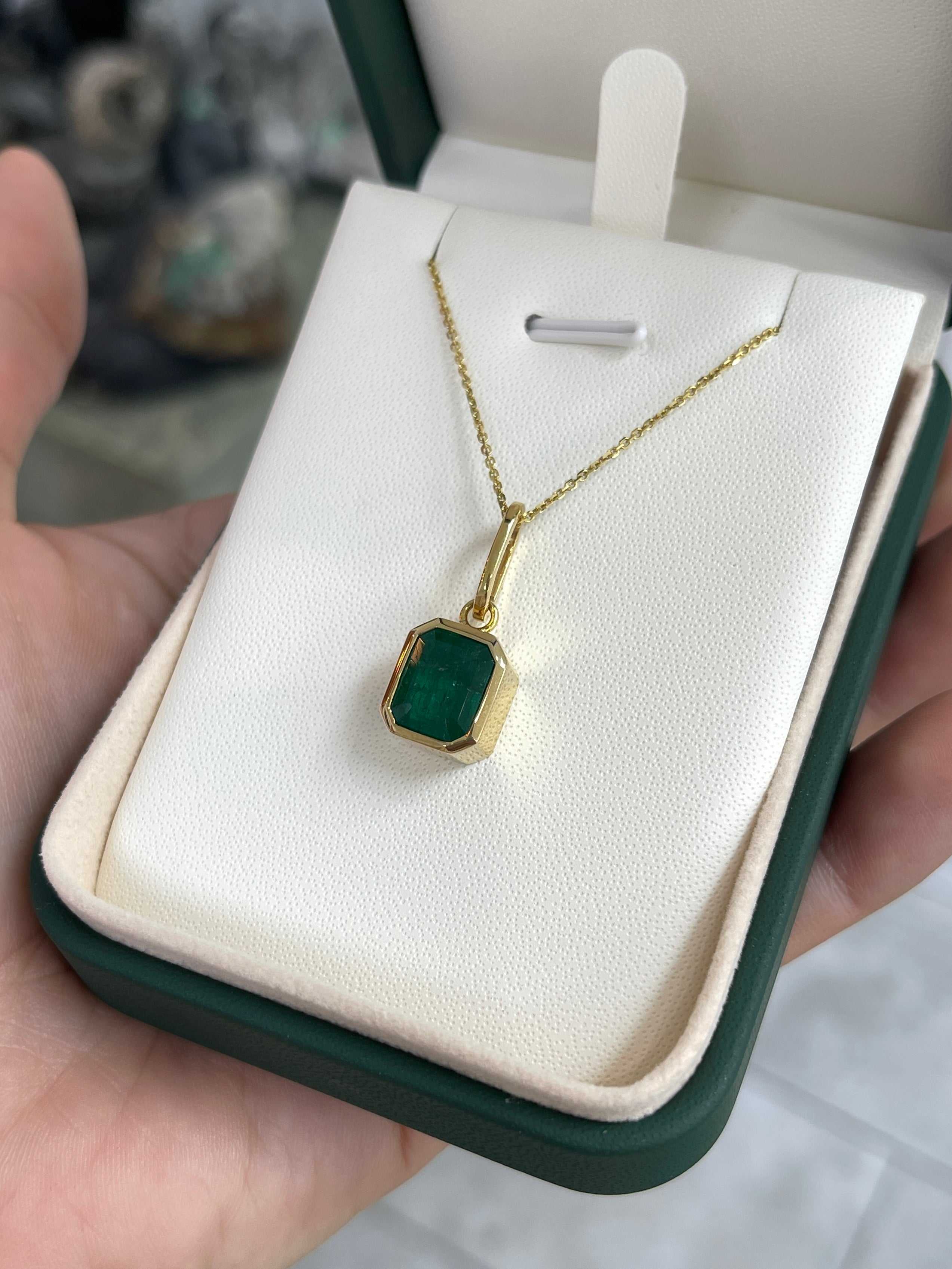 Dark green Zambian emerald necklace with 4.98 carat bezel-set emerald pendant on 14K gold, by JR Colombian Emeralds.