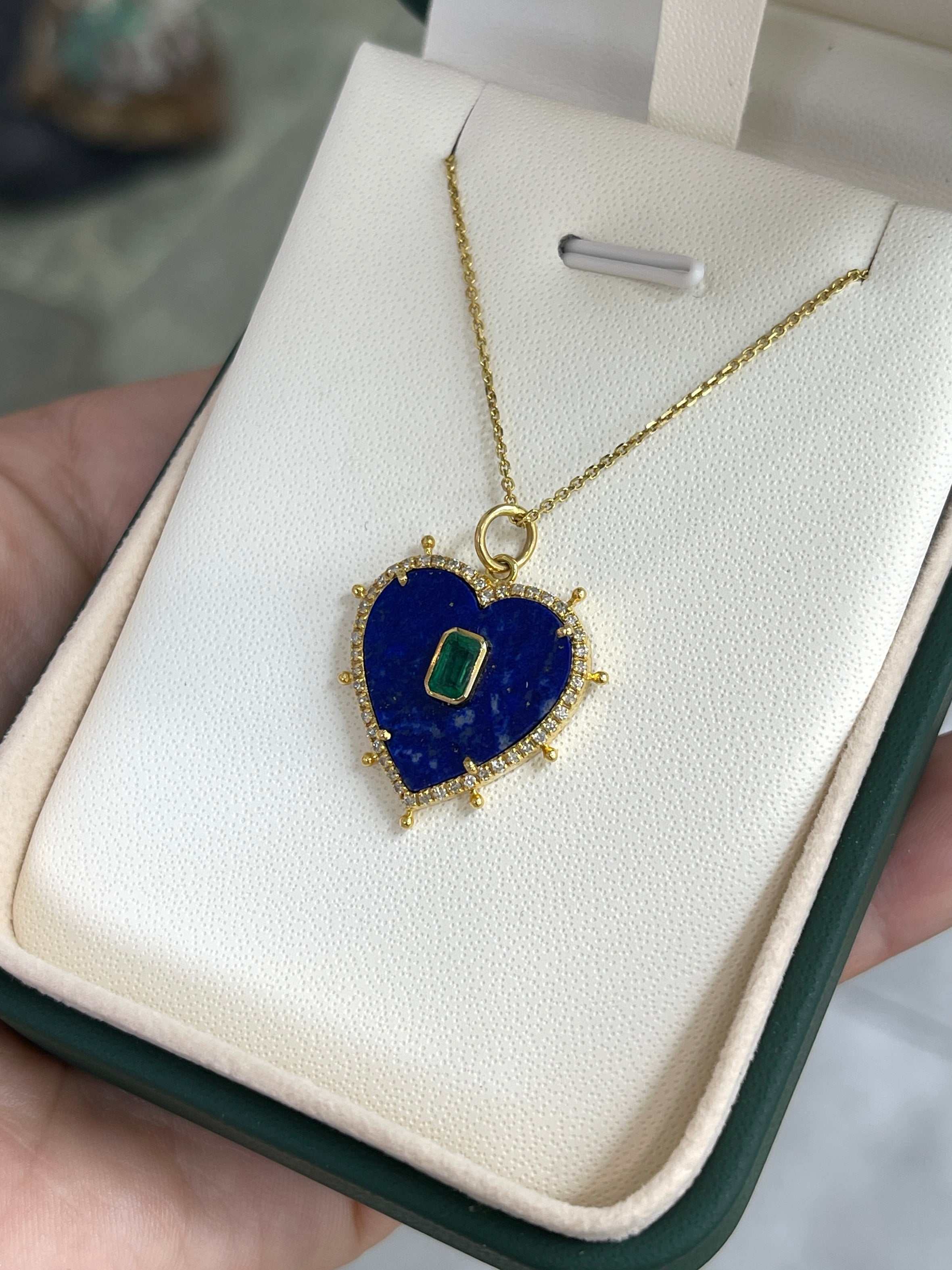 14KT YELLOW GOLD LAPIS HEART PENDANT WITH EMERALD AND DIAMONDS - JR Colombian Emeralds
