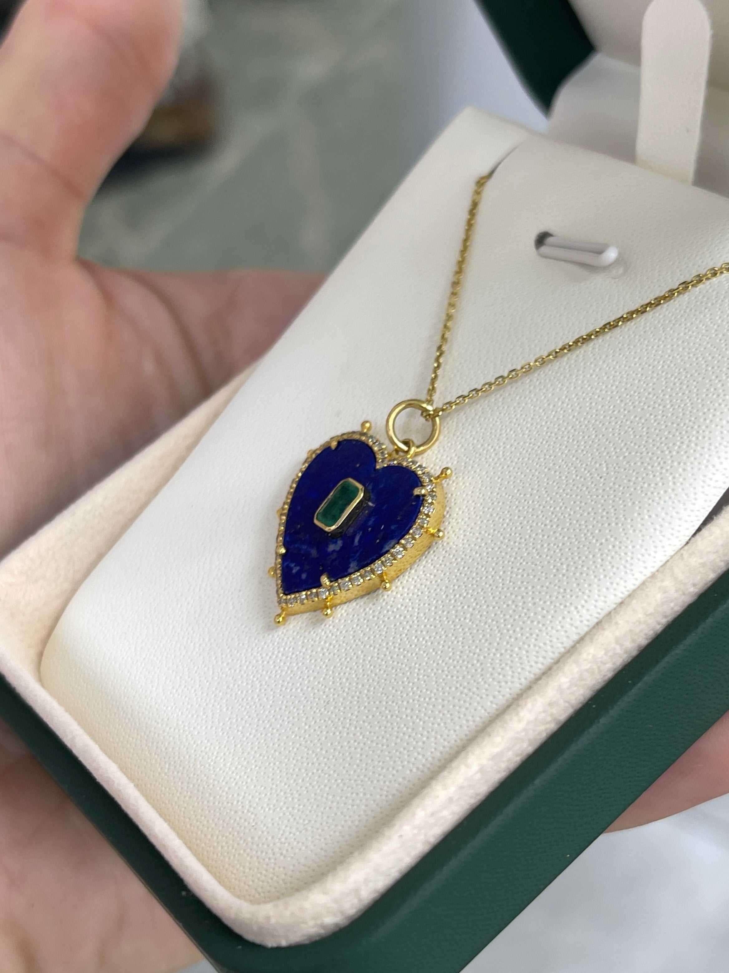 14KT YELLOW GOLD LAPIS HEART PENDANT WITH EMERALD AND DIAMONDS - JR Colombian Emeralds
