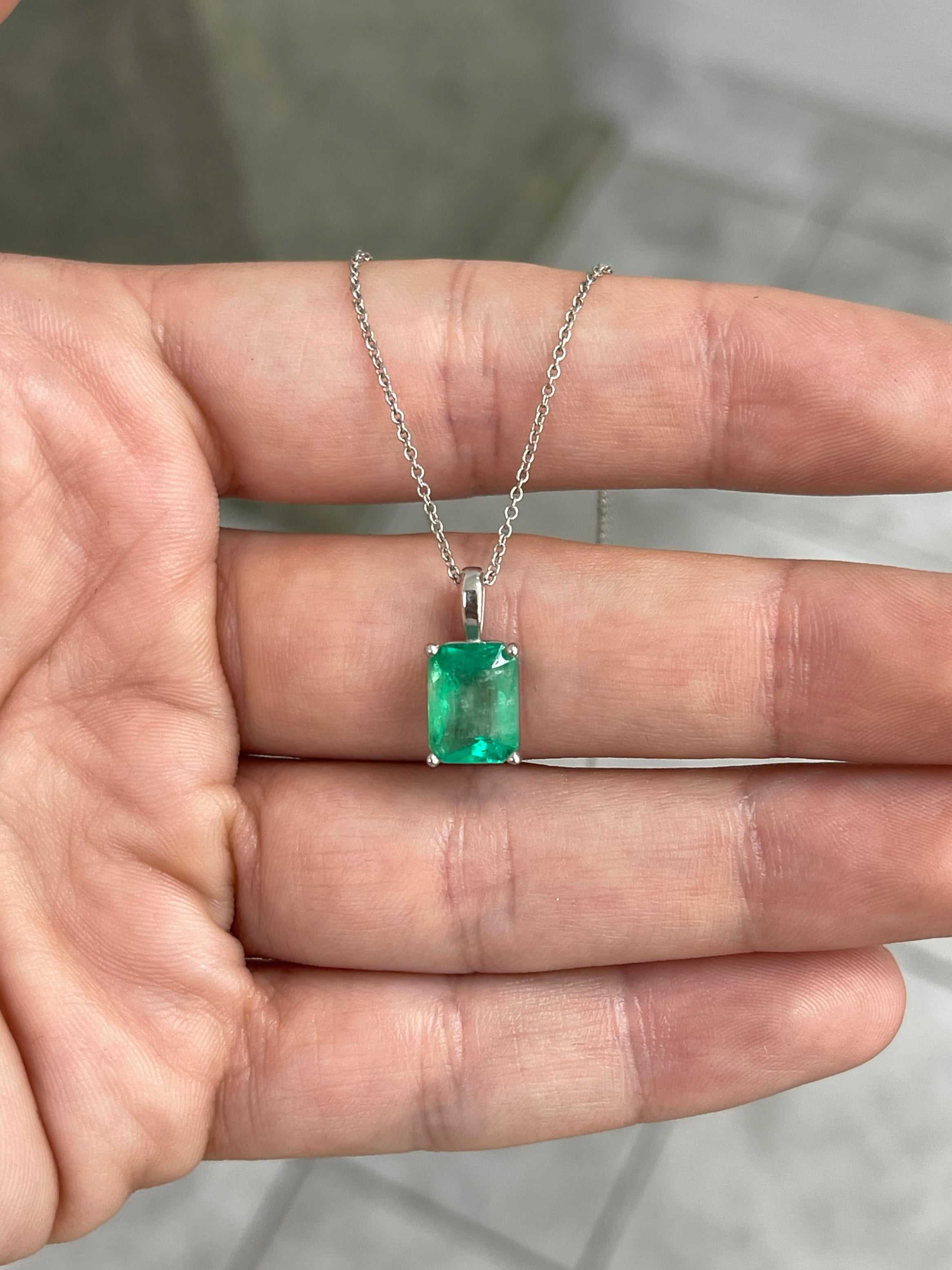 2.39 Carat 14K Gold White Gold Colombian Emerald Solitaire Neckalce - JR Colombian Emeralds