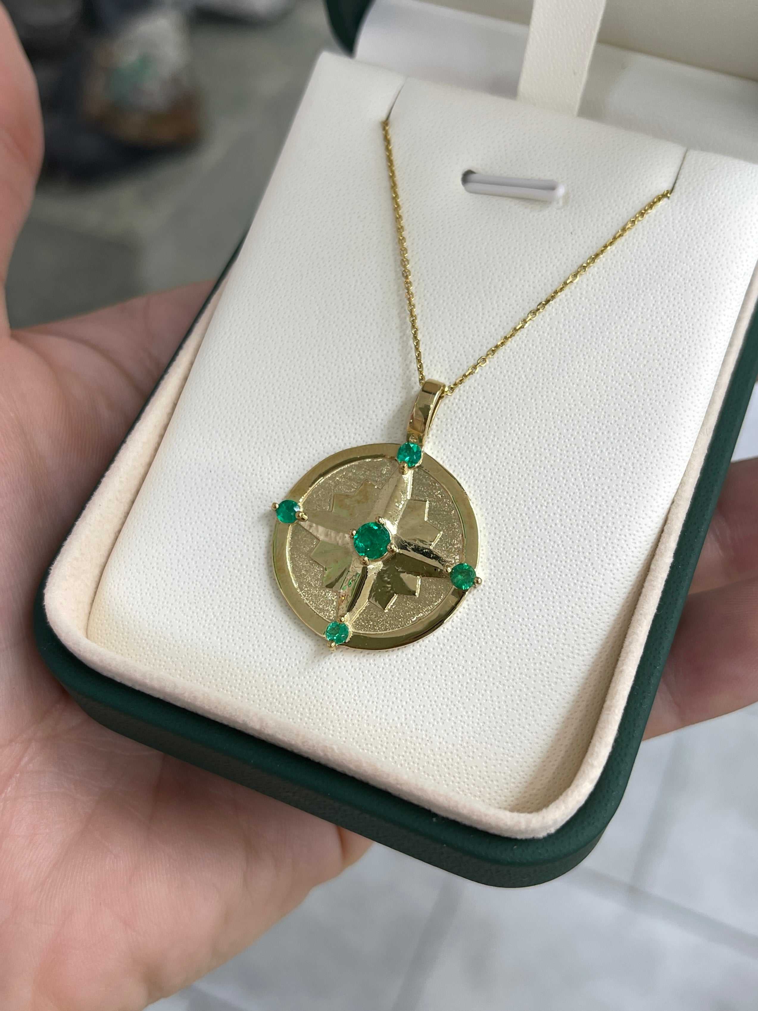 AAA+ Emerald Gold Compass Medallion Necklace 14K - JR Colombian Emeralds