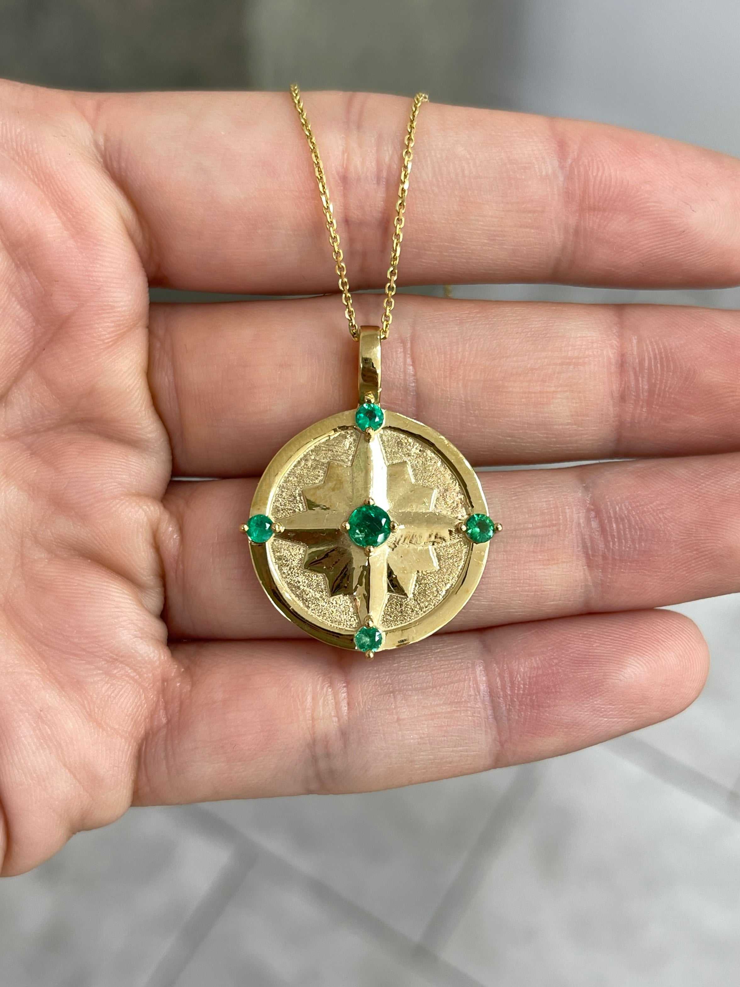 AAA+ Emerald Gold Compass Medallion Necklace 14K - JR Colombian Emeralds