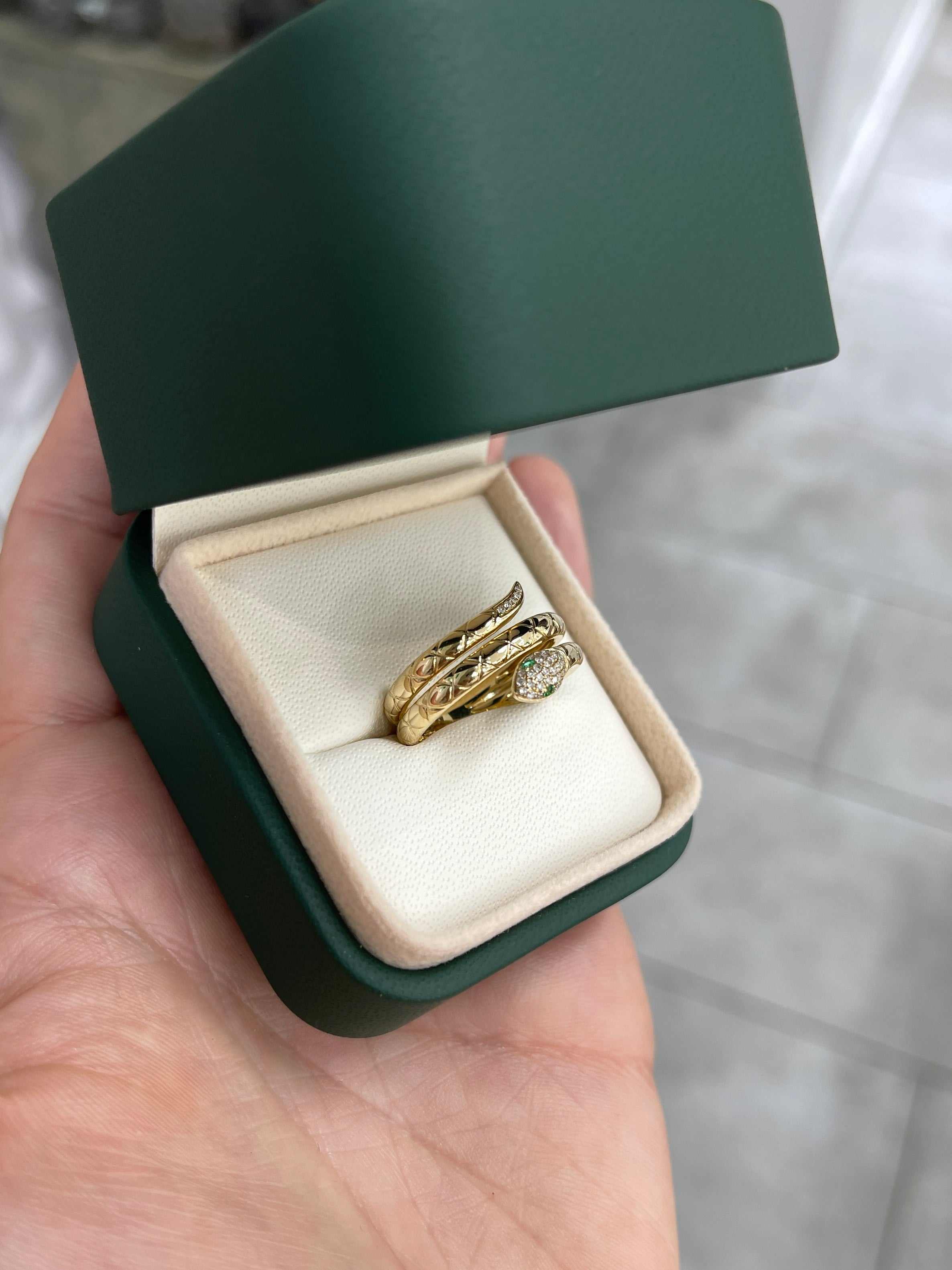 Emerald & Diamond Snake Ring 14K Gold - JR Colombian Emeralds