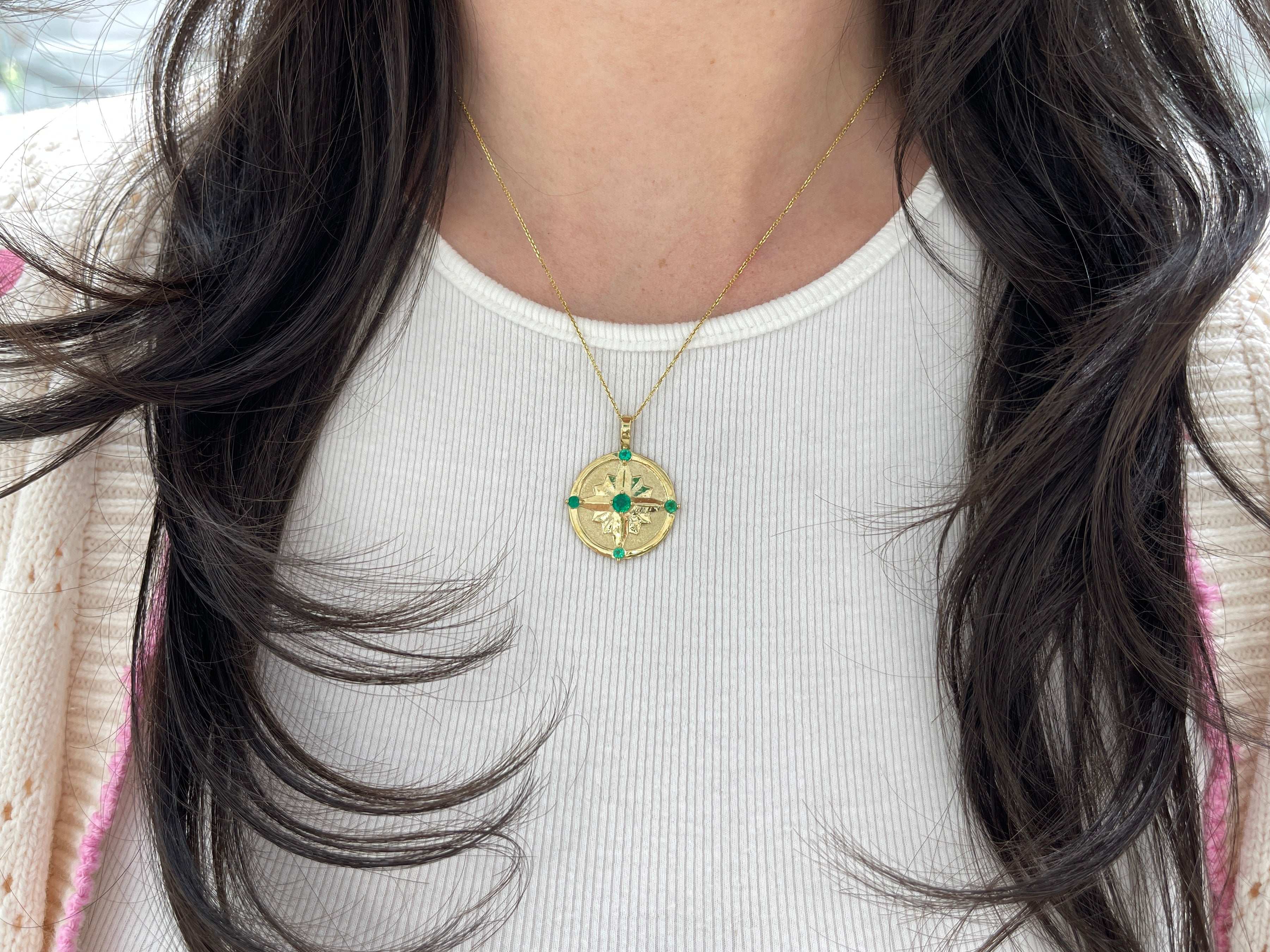 AAA+ Emerald Gold Compass Medallion Necklace 14K - JR Colombian Emeralds