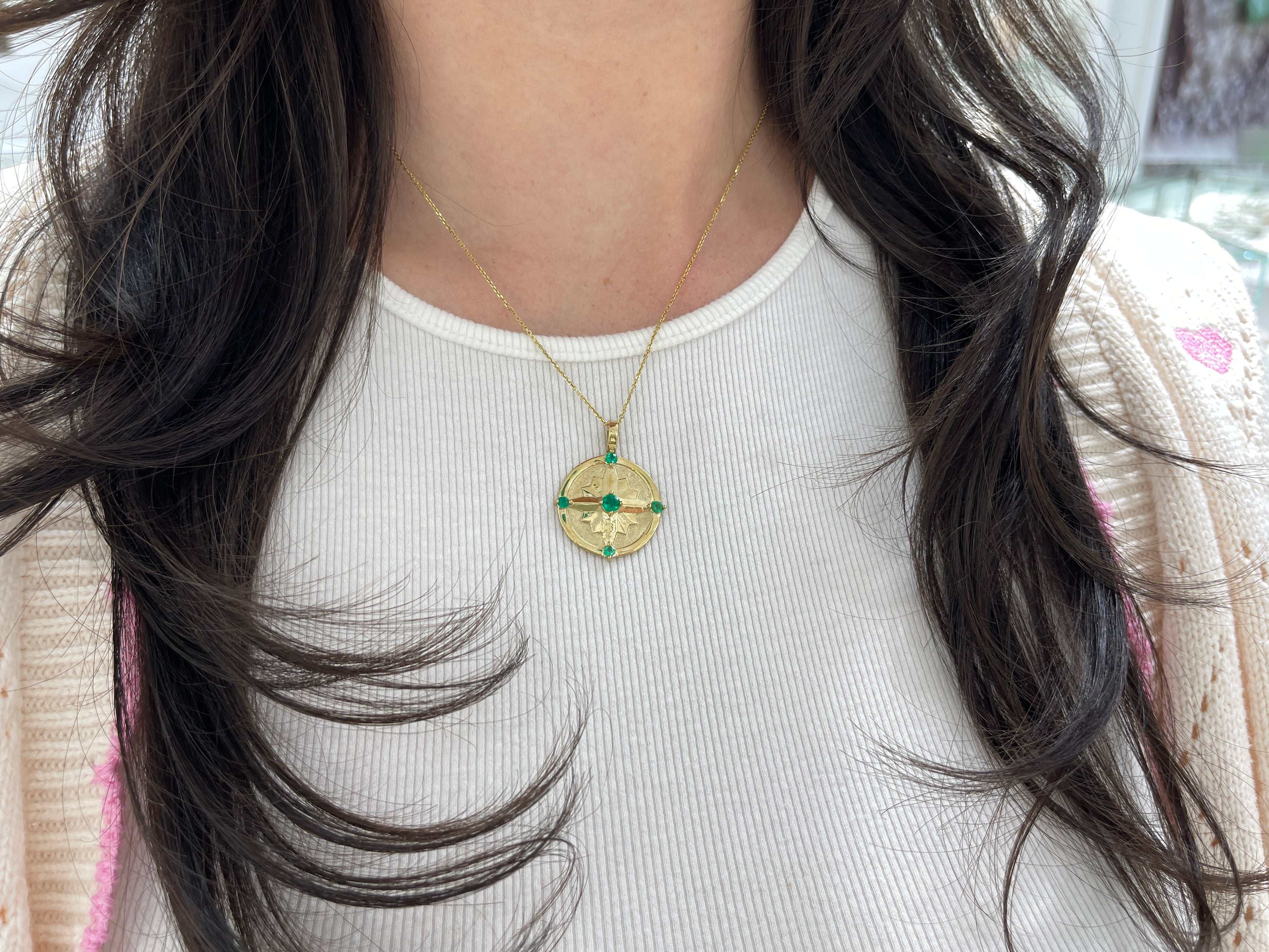 AAA+ Emerald Gold Compass Medallion Necklace 14K - JR Colombian Emeralds